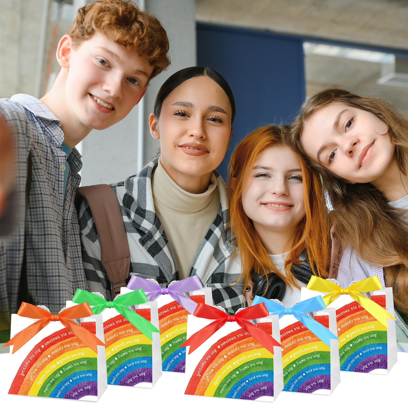 Kolldenn 18 Pack End of School Year Gift Bags for Students Rainbow Goodie Bags with Handles Ribbon Rainbow Inspiration Last Day of School Party Favors for Classroom from Teacher