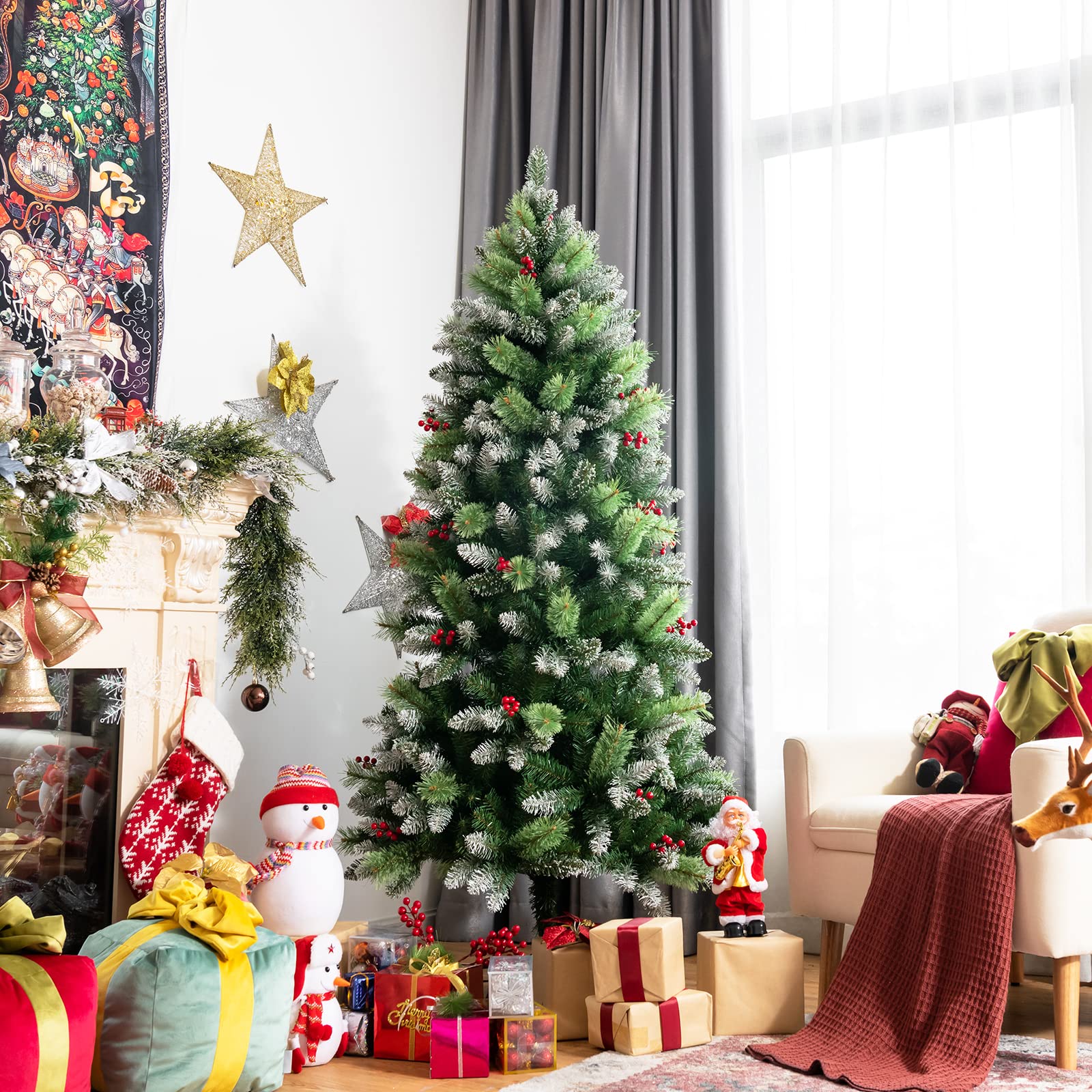 CVHfhjTG christmas tree, With Red Berries, PVC Tips & Metal Stand, Indoor Outdoor Christmas Decoration and Gift(714 PVC Tips,6ft)