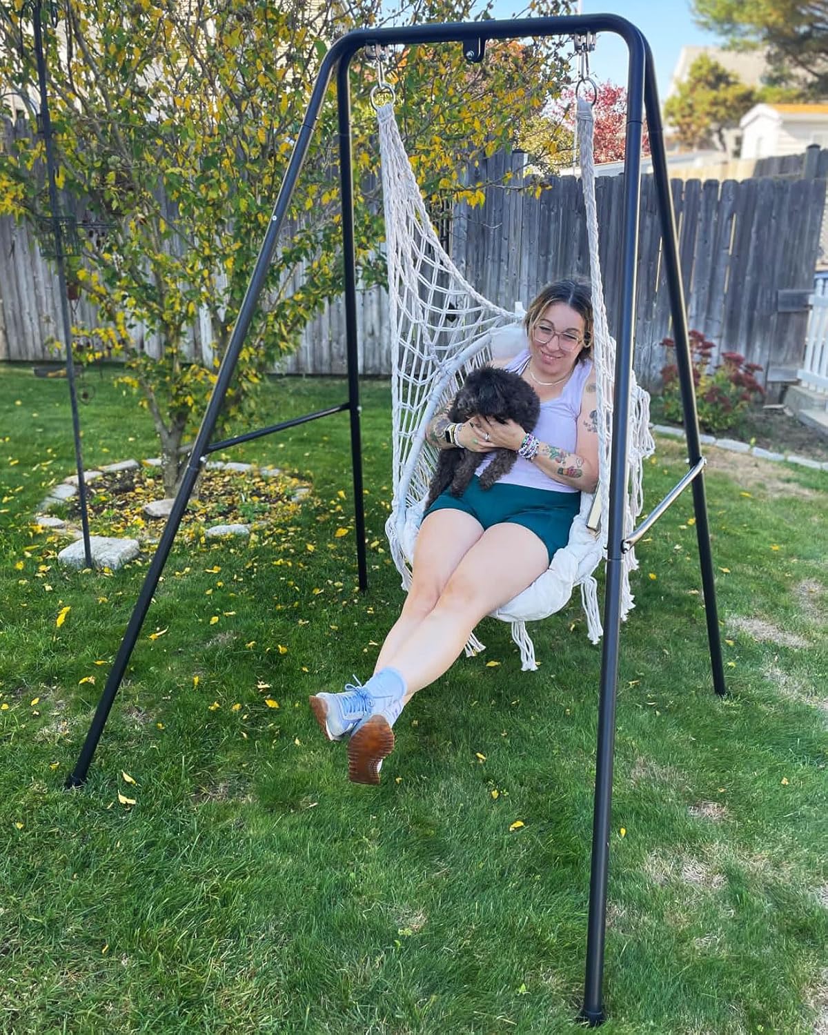 Lazy Daze Hammocks Swing Chair with Stand, Macrame Hammock Chair Cushion, Heavy-Duty Steel Swing Stand for Indoor, Bedroom, Yard, Garden- 350 Lbs Capacity, White