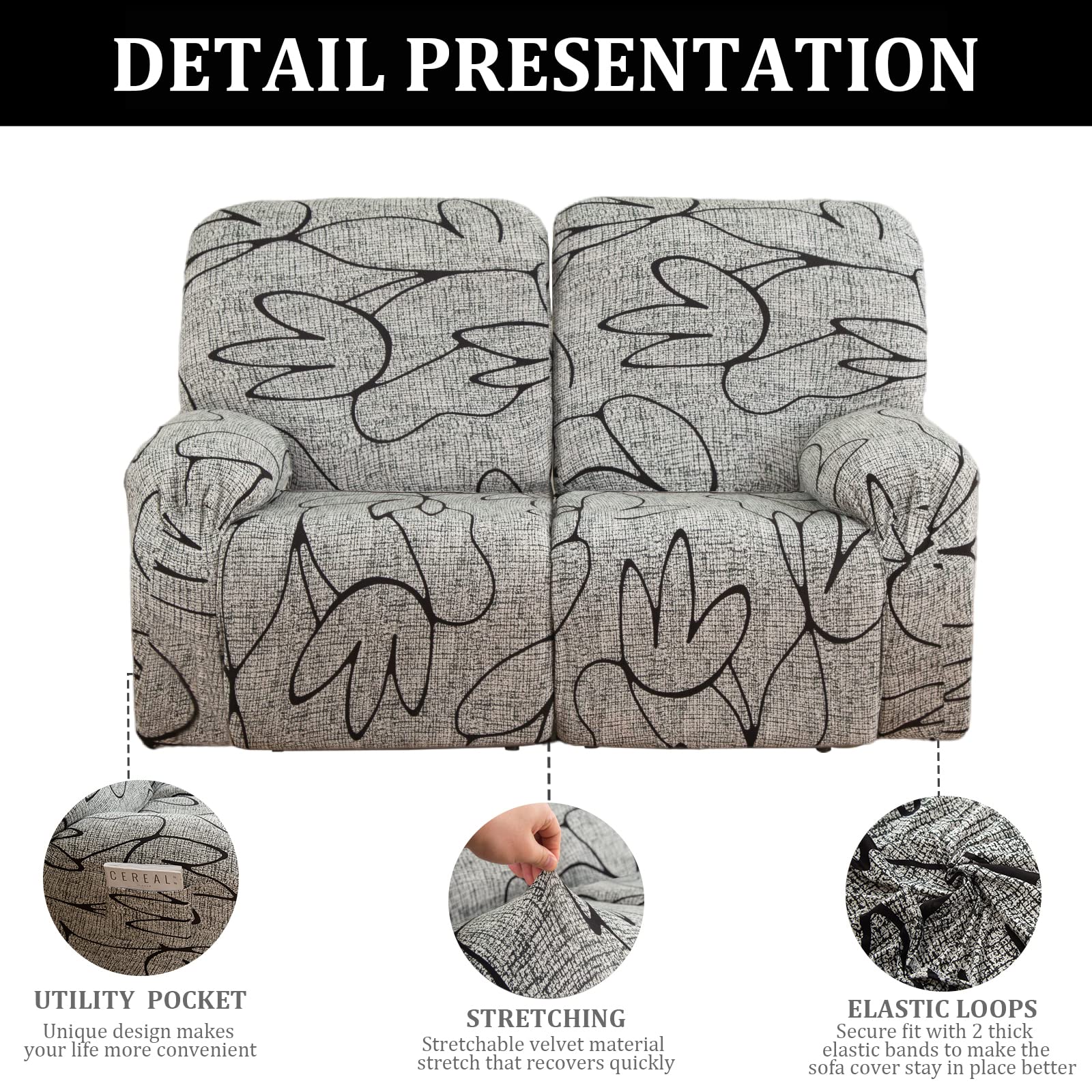Jaotto Copridivano Relax 2 Posti Reclinabile, Fodere Copripoltrona Relax 1 Posto Universale con Tasche, 6-Pezzi Copridivano Fantasia Lavabile, Coperture per Divano da Massaggio,Grigio Stile