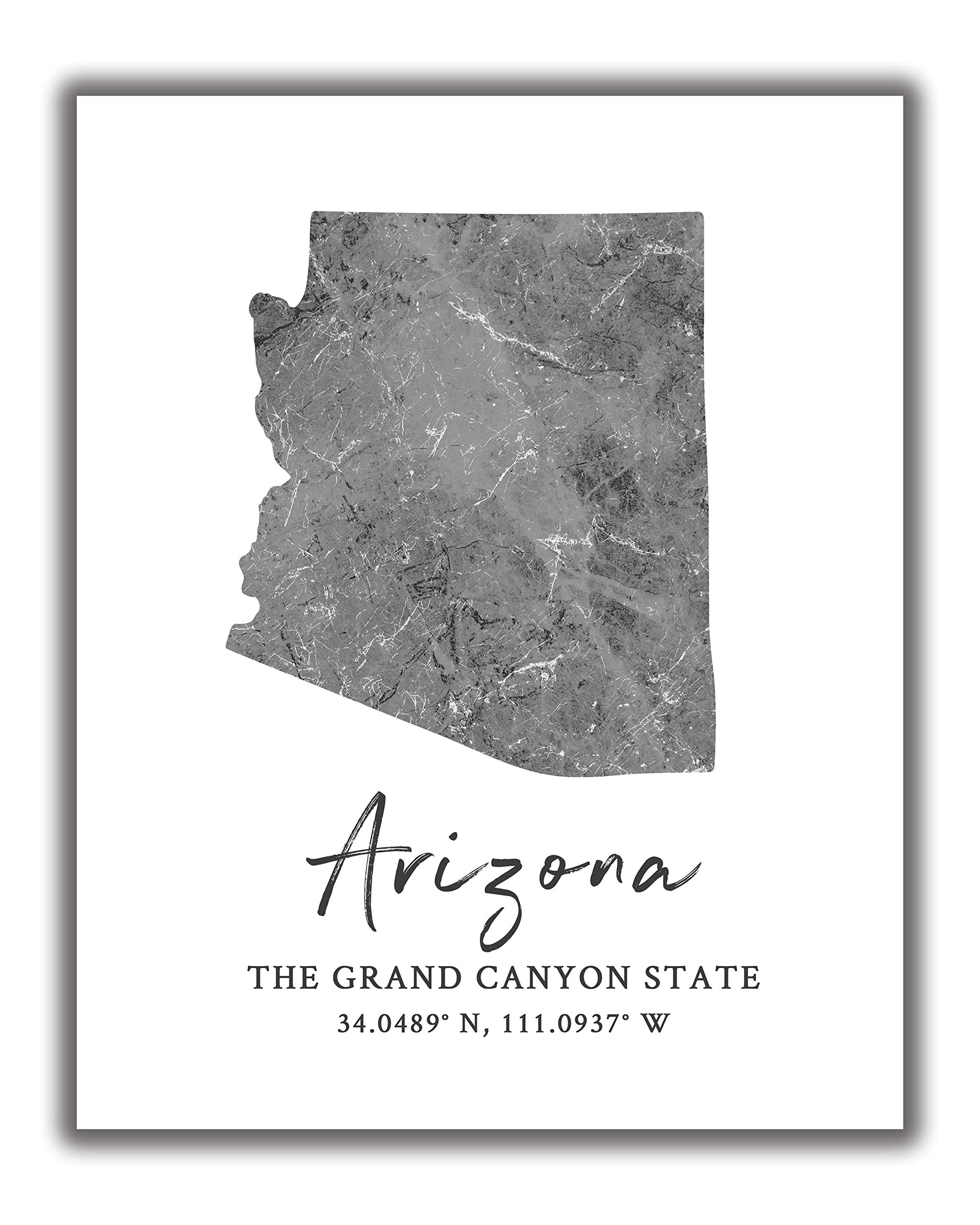 Arizona State Map Wall Art Print - 8x10 Silhouette Decor Print with Coordinates. Makes a Great Arizona-Themed Gift. Shades of Grey, Black & White.