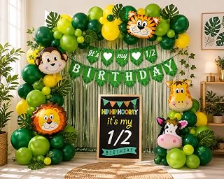 Party Propz Jungle Theme Half Birthday Decorations - 36 Pcs Animals Theme Half Birthday Decoration Combo | Bday Decorations for Baby 6 Months |Half Bday Decoration For Baby Boy