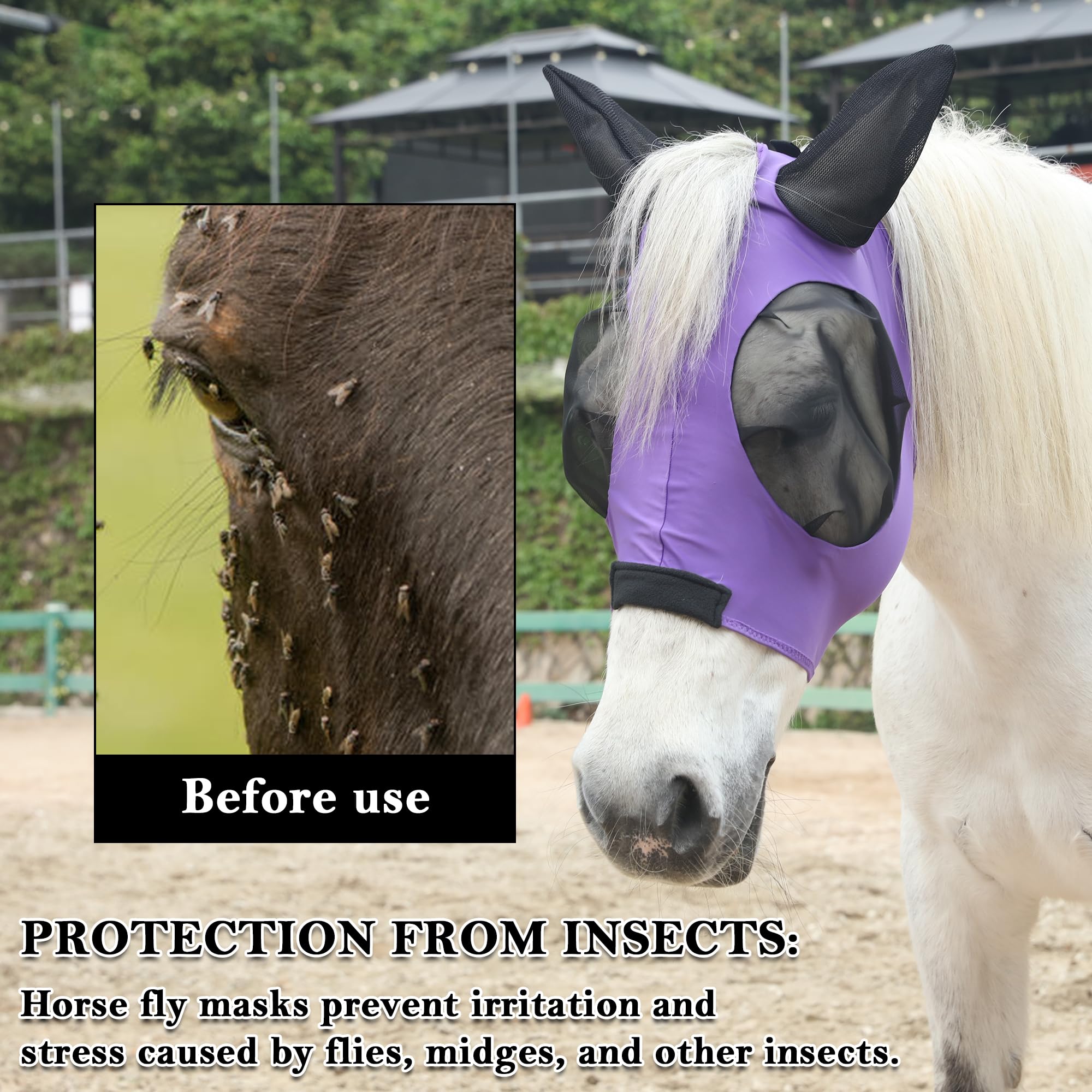Gallopoff Horse Fly Mask Large Eye Space with Ears, Super Comfort Stretchy UV Protection for Horse Purple Full - Image 3