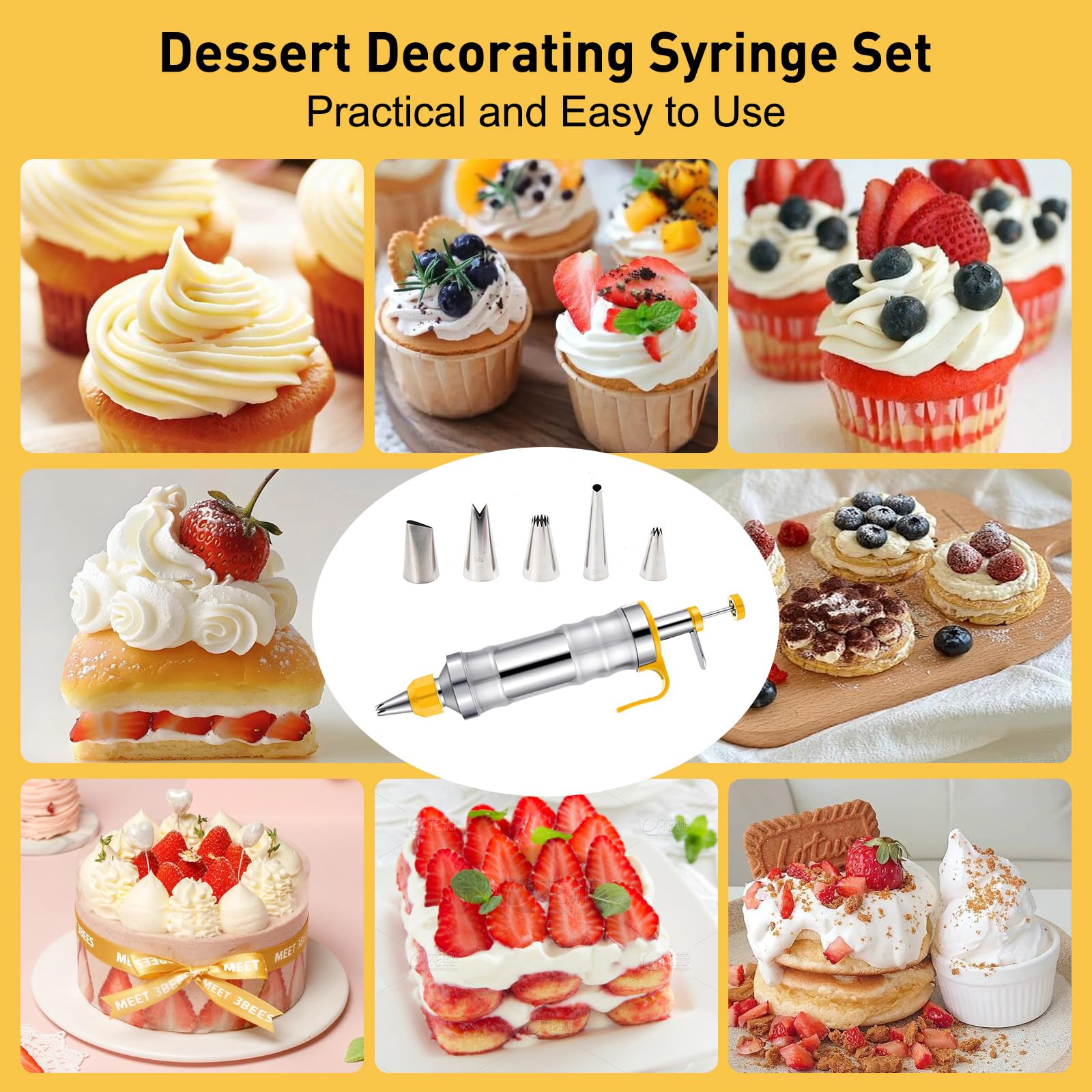 Kit de decoración de pasteles con 6 boquillas de glaseado de acero inoxidable, pistola de glaseado reutilizable, herramientas de decoración de cupcakes para pasteles, galletas, pan, postres, ideal