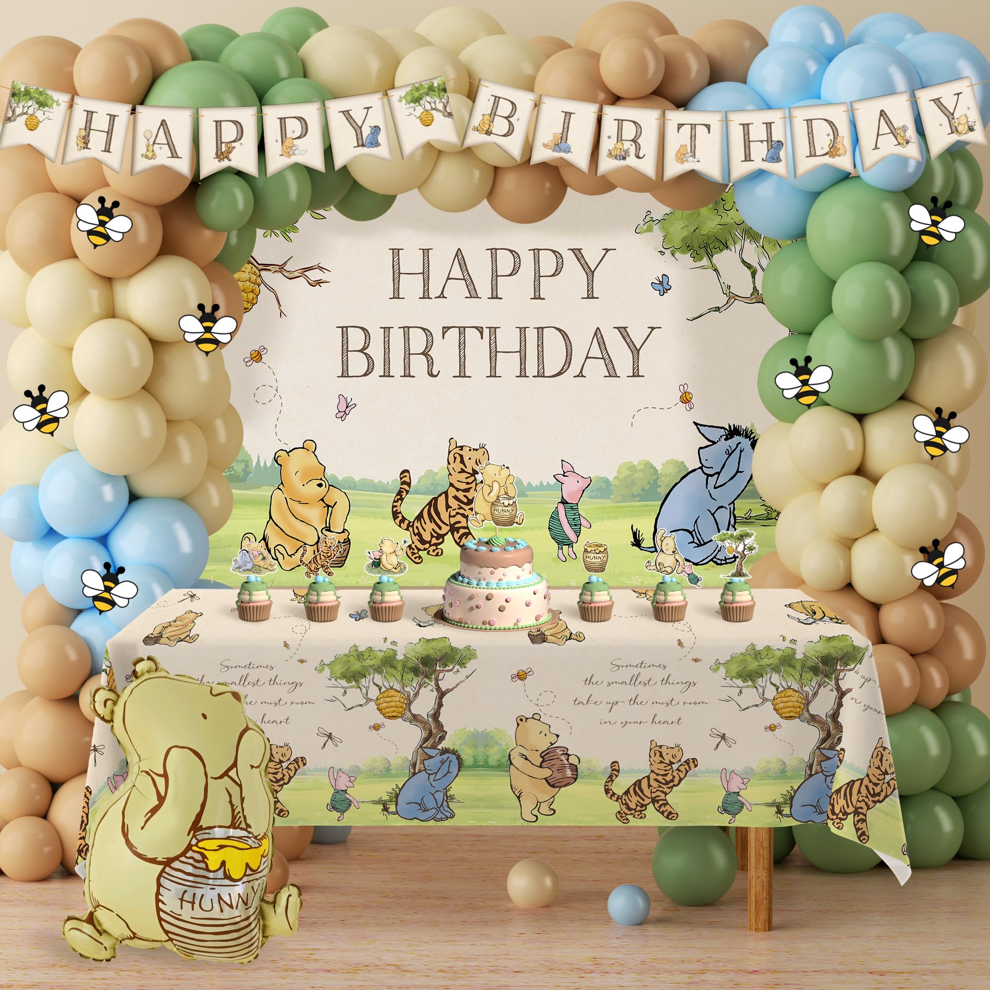 Photo 1 of 149pcs Winnie Bear Birthday Decorations, Vintage Pooh Bear Party Decor Includes 3D Winnie Foil Balloon, Balloon Arch, Backdrop, Banner, Tablecloth, Cake Toppers, Stickers for Girls Boys Birthday
