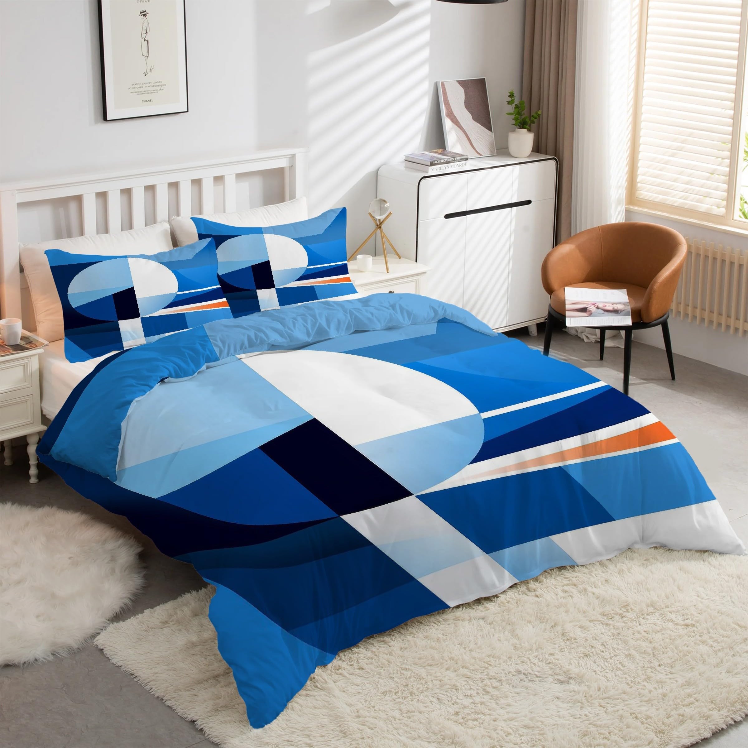 Housse de couette 220x240 bleu géométrique avec 2 taies d'oreiller kK1289