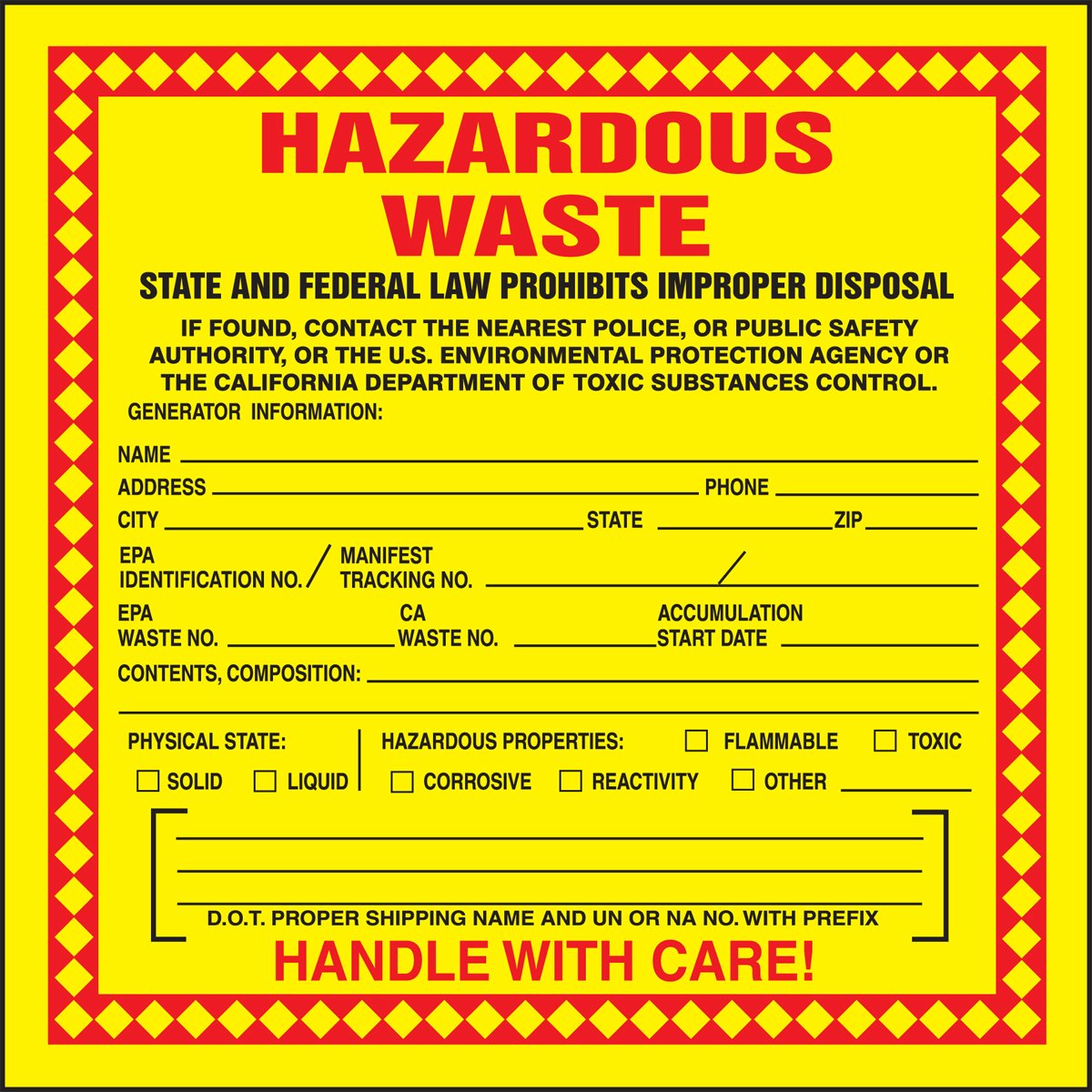 Accuform 6x6 Hazardous Waste Label, adhesive coated paper, CA compliant