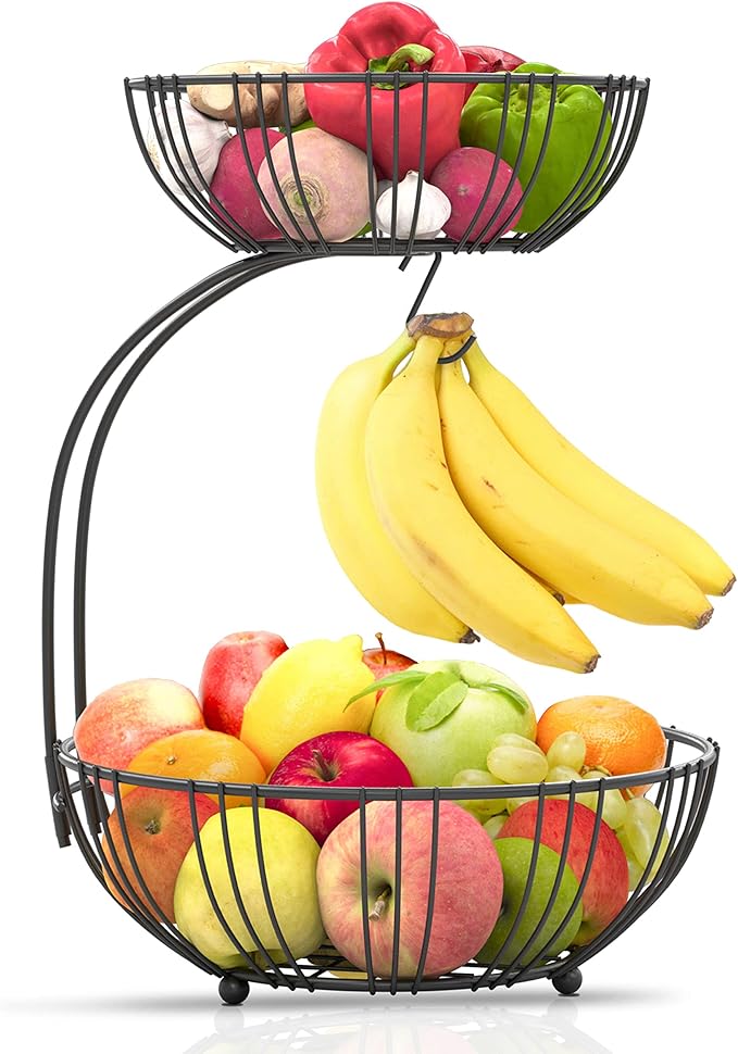 RICCLE Fruit Basket For Kitchen Counter - Fruit Basket With Banana Hanger - Double Layer Metal Wire Fruit Bowl For Countertop - Fruit Holder For Produce, Vegetables