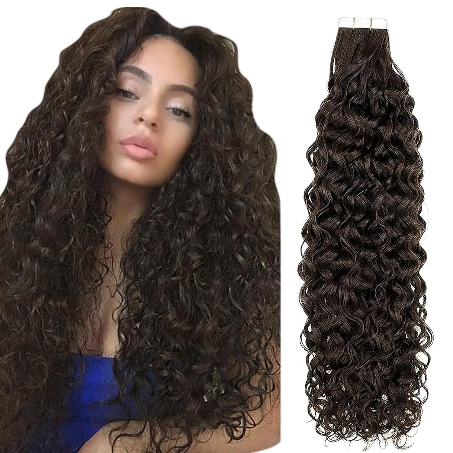 Hetto Curly Tape in Hair Extensions Human Hair Brown Tape