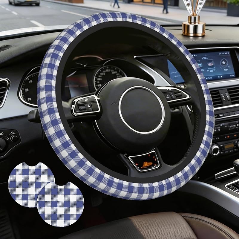 Capa para Volante Azul Xadrez em Neoprene com 2 Porta-Copos para Carro, 38,1 cm, Kit com 3 Peças
