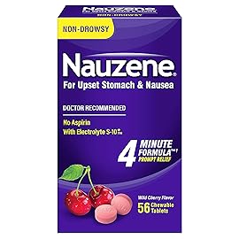 Nauzene Non-Drowsy Upset Stomach & Nausea Relief Chewable Tablets | 4-Minute Formula | Doctor Recommended | Wild Cherry Flavor | 56 Count
