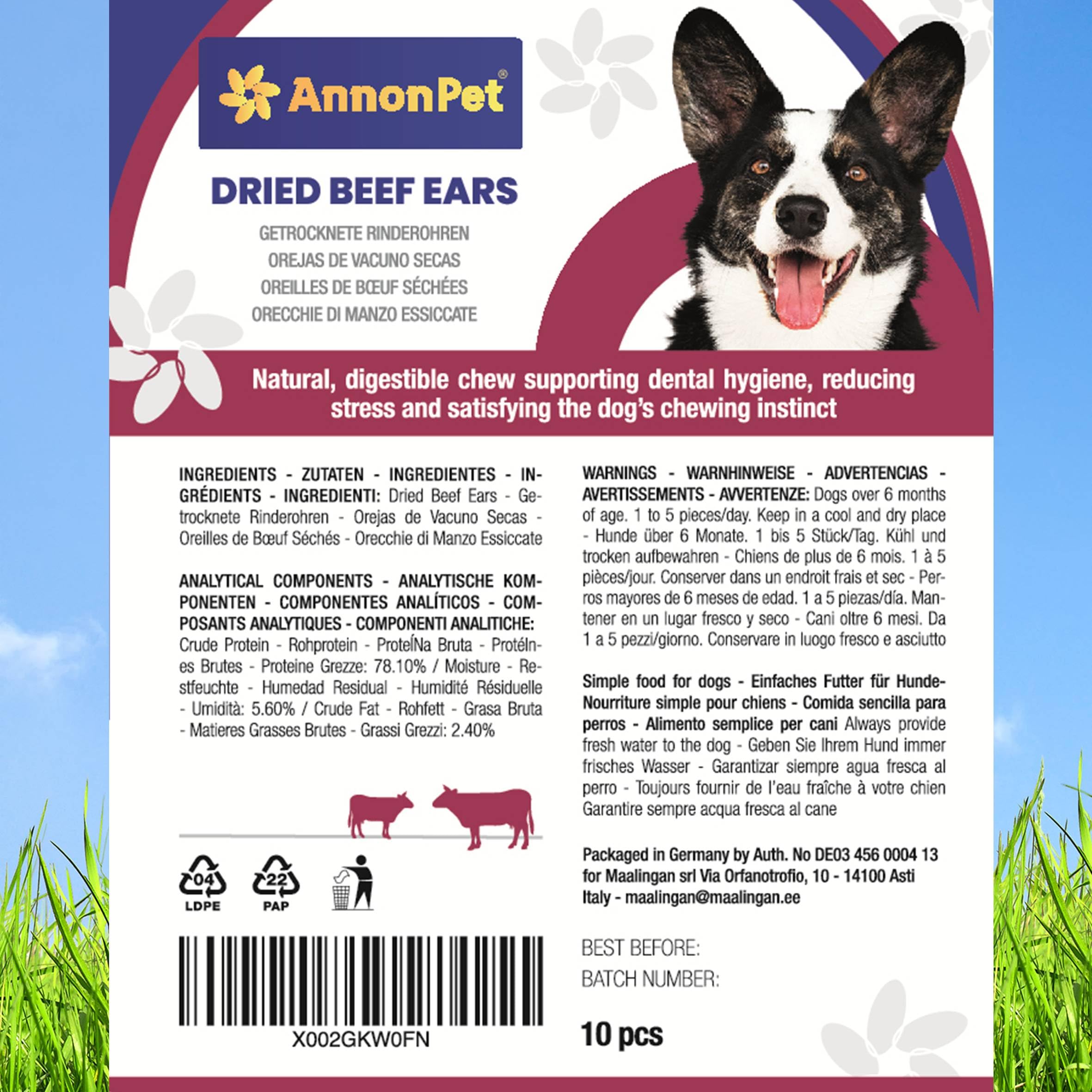 Lot de 10 oreilles de bœuf séchées pour chiens - Articles à mâcher naturels et faciles à digérer - Riche en protéines, sans additifs - Idéal pour les soins dentaires et la réduction du stress