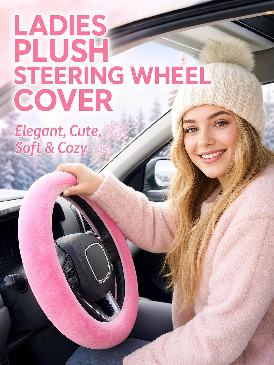 3Pcs/Set Fashion Faux Wool Fur Furry Steering Wheel Cover,Short Hair Soft Fluffy Handbrake Cover,Gear Shift Cover,Universal Thickening Fuzzy Warm Non-Slip Auto Interior (Automatic,Pink) image 2