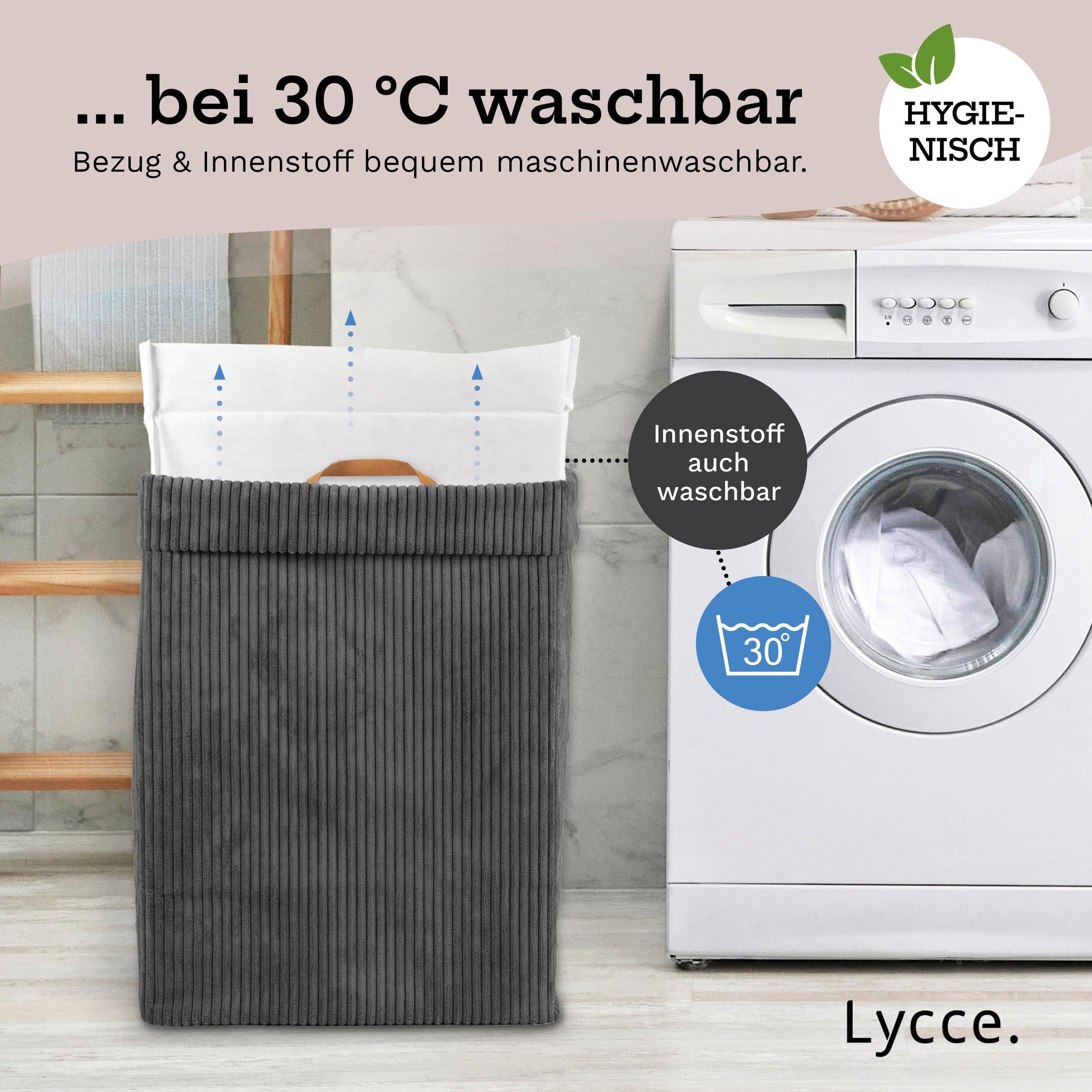 Lycce Wäschekorb Cord – Nischenwäschekorb, waschbar, faltbar (d.grau) | platzsparend & praktisch, waschbare Bezüge, faltbar, Schlafzimmer, Kinderzimmer & Badezimmer