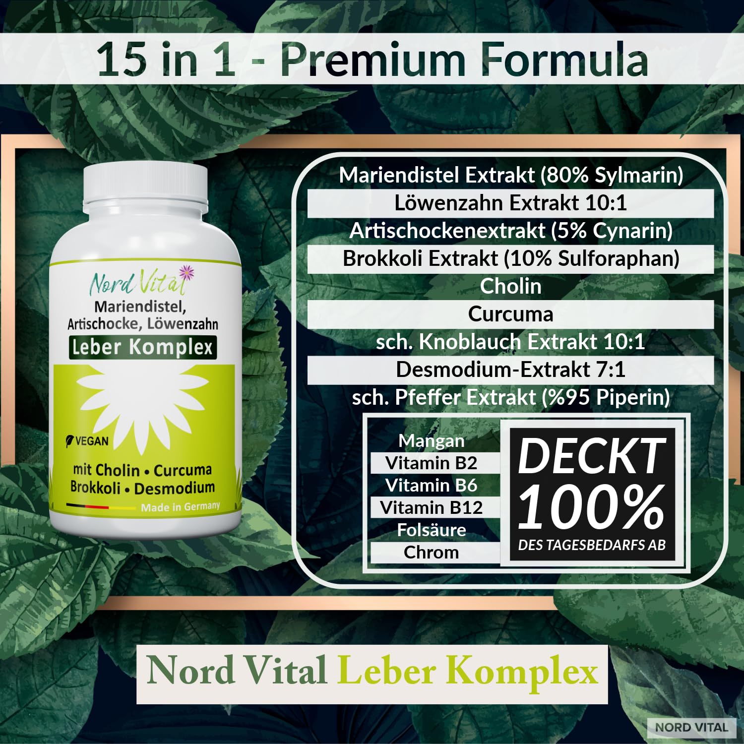 Leber Komplex mit 15 aktiven Inhaltsstoffen - Mariendistel, Artischocke, Löwenzahn, Brokkoli, Cholin, Desmodium, schwarzer Knoblauch, Kurkuma und mehr - 120 Kapseln - in Deutschland hergestellt