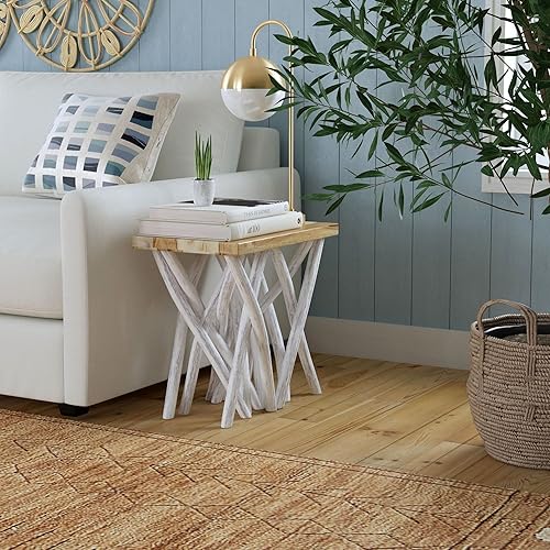 Miniatura 9 de East at Main Mesa auxiliar redonda de madera maciza, mesa auxiliar y soporte para plantas, mesa decorativa rústica hecha a mano con diseño único de