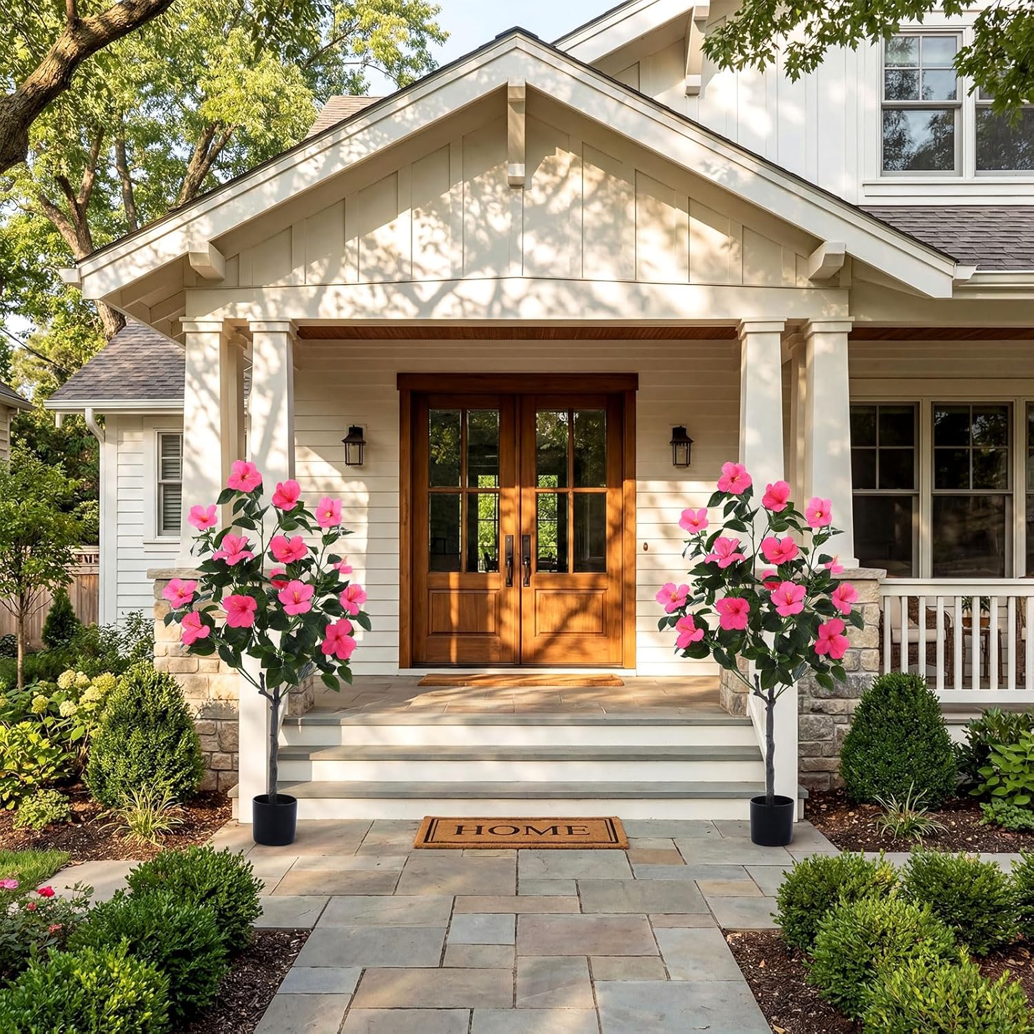 Giegxin 2 Pack 4 ft Artificial Hibiscus Tree Fake with 14 Flowers Hibiscus Tree with Base Silk Faux Flowers Realistic Plant for Front Porch Patio Office Indoor Outdoor Wedding Decor(Rose Red)