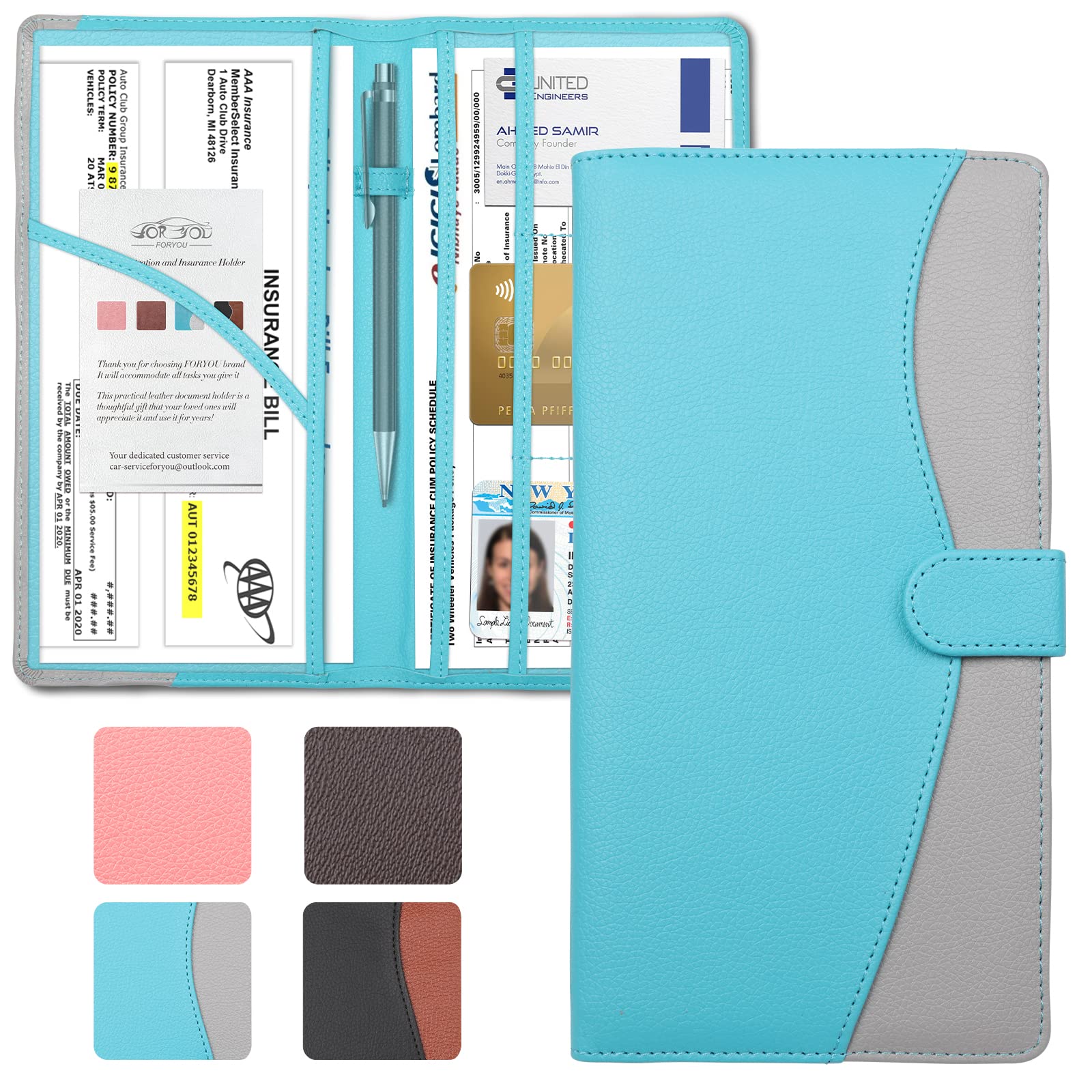 FORYOU Car Registration and Insurance Holder with Magnetic Closure, Auto Truck Document Vehicle Glove Box Paperwork Organizer Wallet for Accessories Case, License, Card (Blue grey)