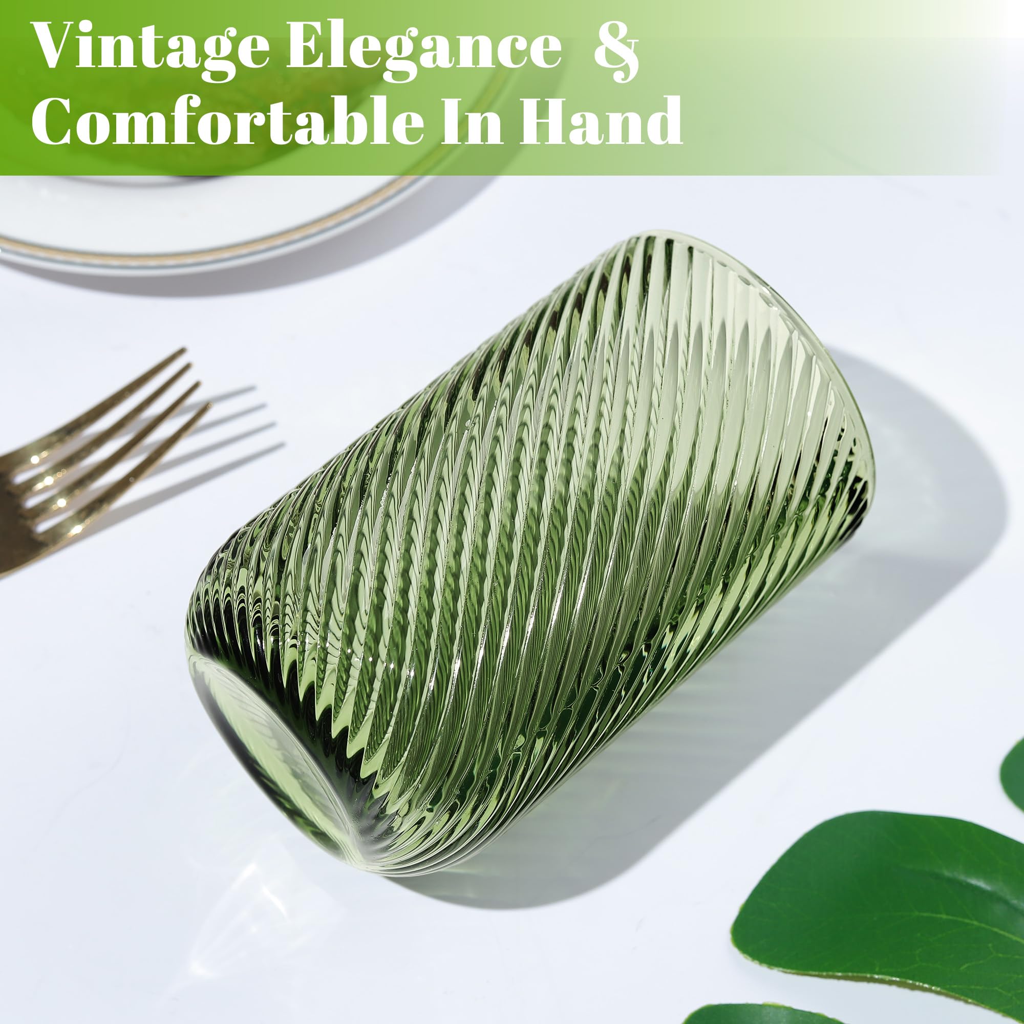 Joeyan Lot de 4 Verres à Eau Vert, 410ml Grande Verres à Jus et Soda, Moderne Verres à Boire Décoré en Strié Relief, Verre de Table Pour Whisky,Cocktail,Thé,Orangeade,Limonade, Lavable Lave-Vaisselle