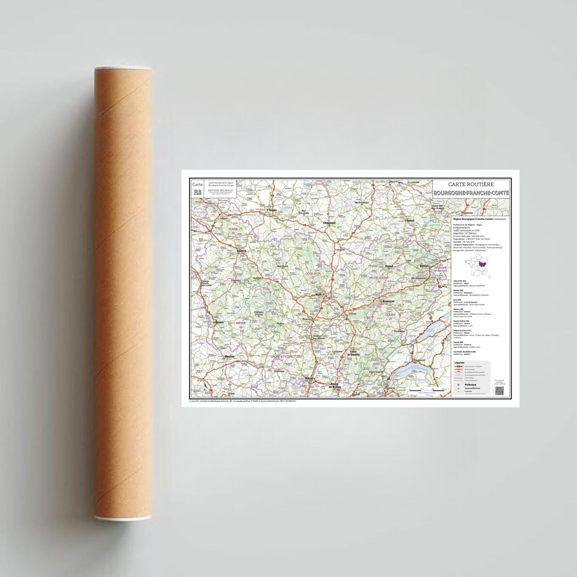 Carte routière de la région Bourgogne-Franche-Comté - Poster plastifié 100x70 cm - Édition 2026