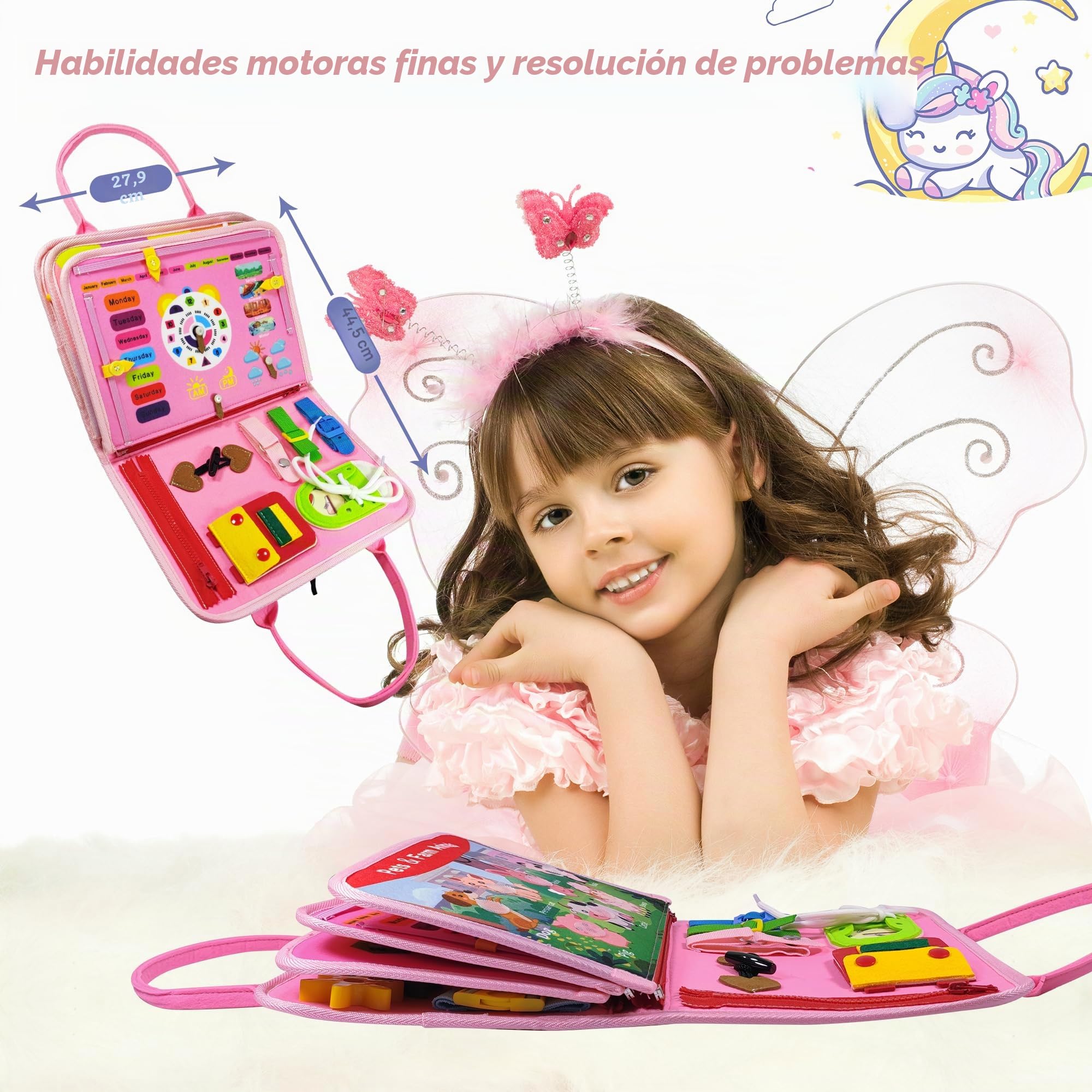 TenFans Busy Board - Juguetes Montessori para niños de 1, 2 y 3 años, Juguetes sensoriales para niños pequeños de 1 en adelante, Regalos para niñas Que aprenden Habilidades motoras Finas, Actividades