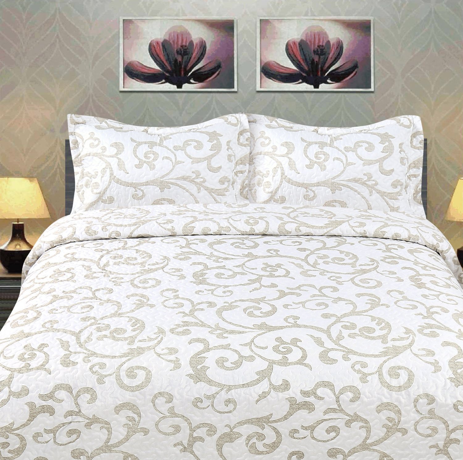 DaDa Bedding, White, Collection Elegant Freesia Vineyard Quilt Patchwork Bedspread Set, Floral, Queen, 3-Pieces