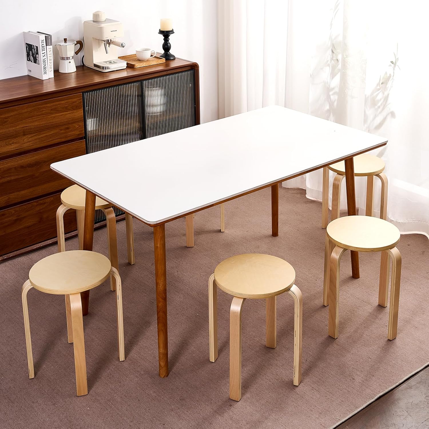 Stackable Bentwood Stool Set of 6，18" Round Stacking Backless Nesting Stools，Anti-Slip Felt Pad,Portable School Stool，Suitable for classrooms, Dining Rooms, Kitchens，Birch