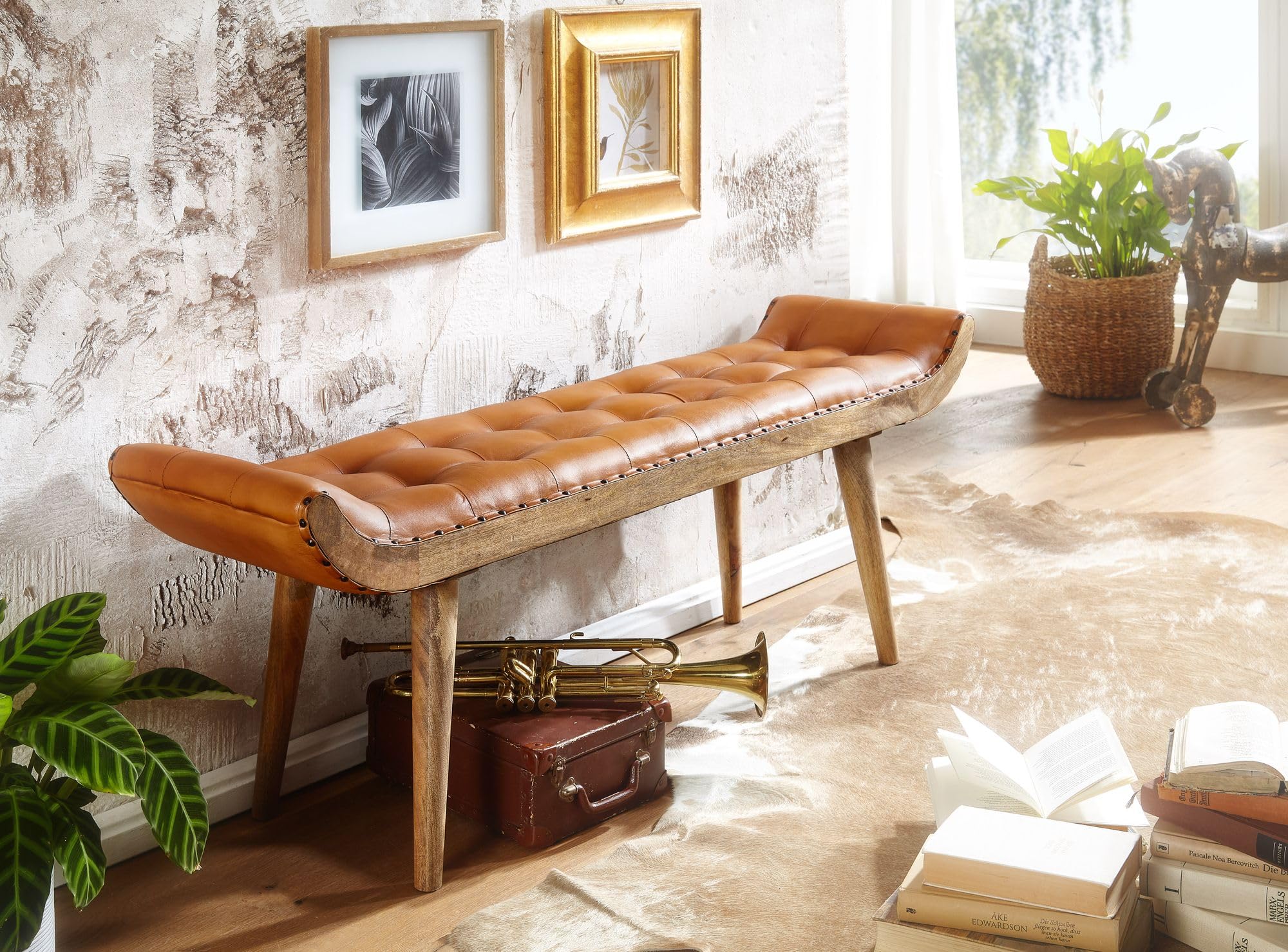 FineBuy Banc 125x38x50 cm Bois Massif Cuir Véritable, Chesterfield
