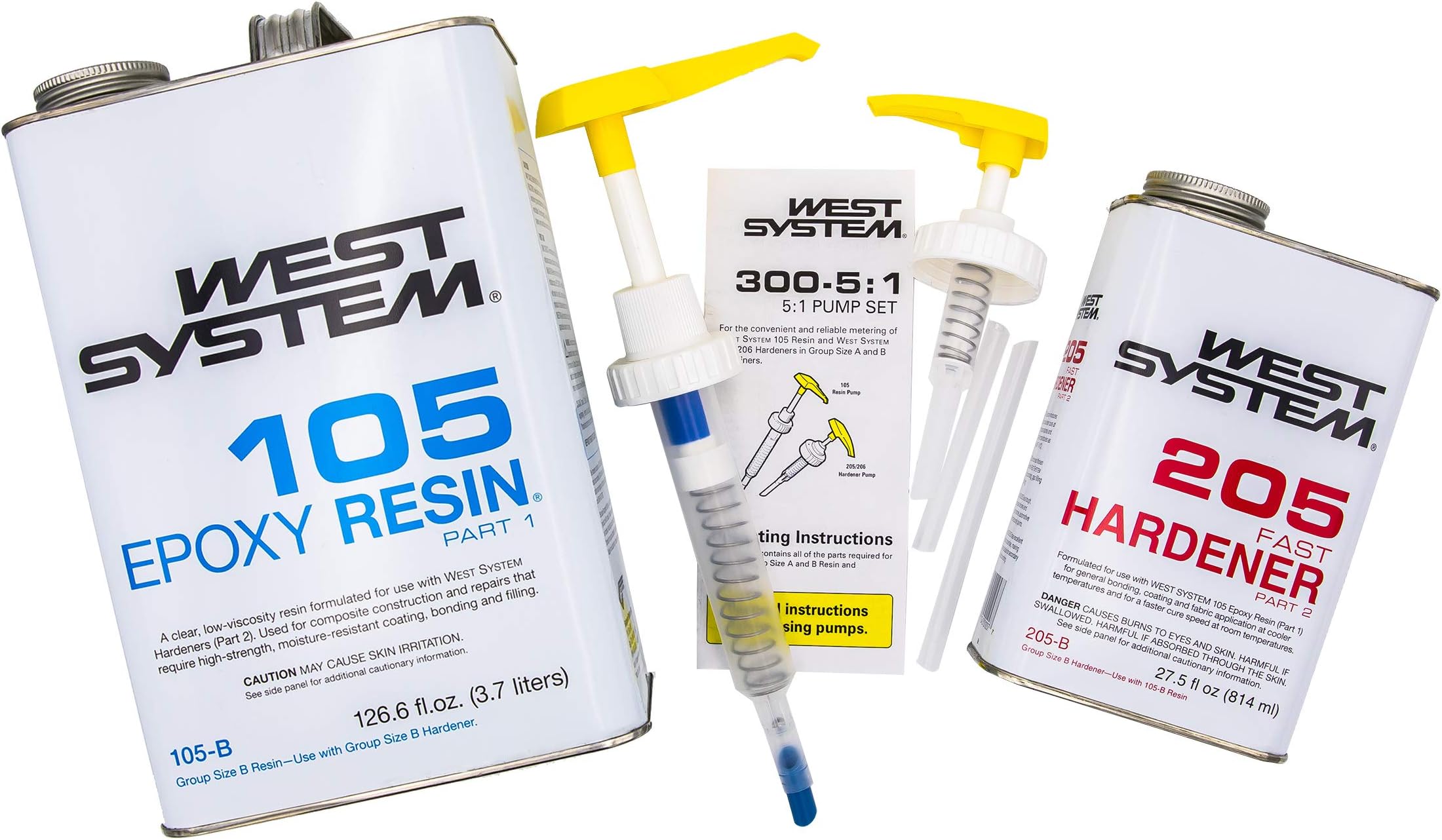 WEST SYSTEM 105B Epoxy Resin (126.6 fl oz) Bundle with 205B Fast Epoxy Hardener (27.5 fl oz) and 300 Mini Pumps Epoxy Metering 3-Pack Pump Set (3 Items)
