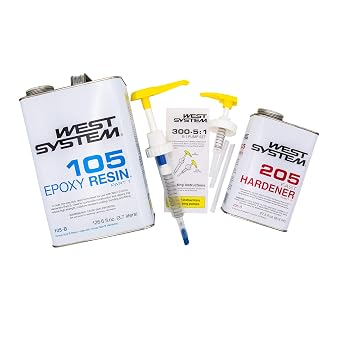 WEST SYSTEM 105B Epoxy Resin 126.6 fl oz Bundle with 205B Fast Epoxy Hardener 27.5 fl oz and 300 Mini Pumps Epoxy Metering 3-Pack Pump Set 3 Items