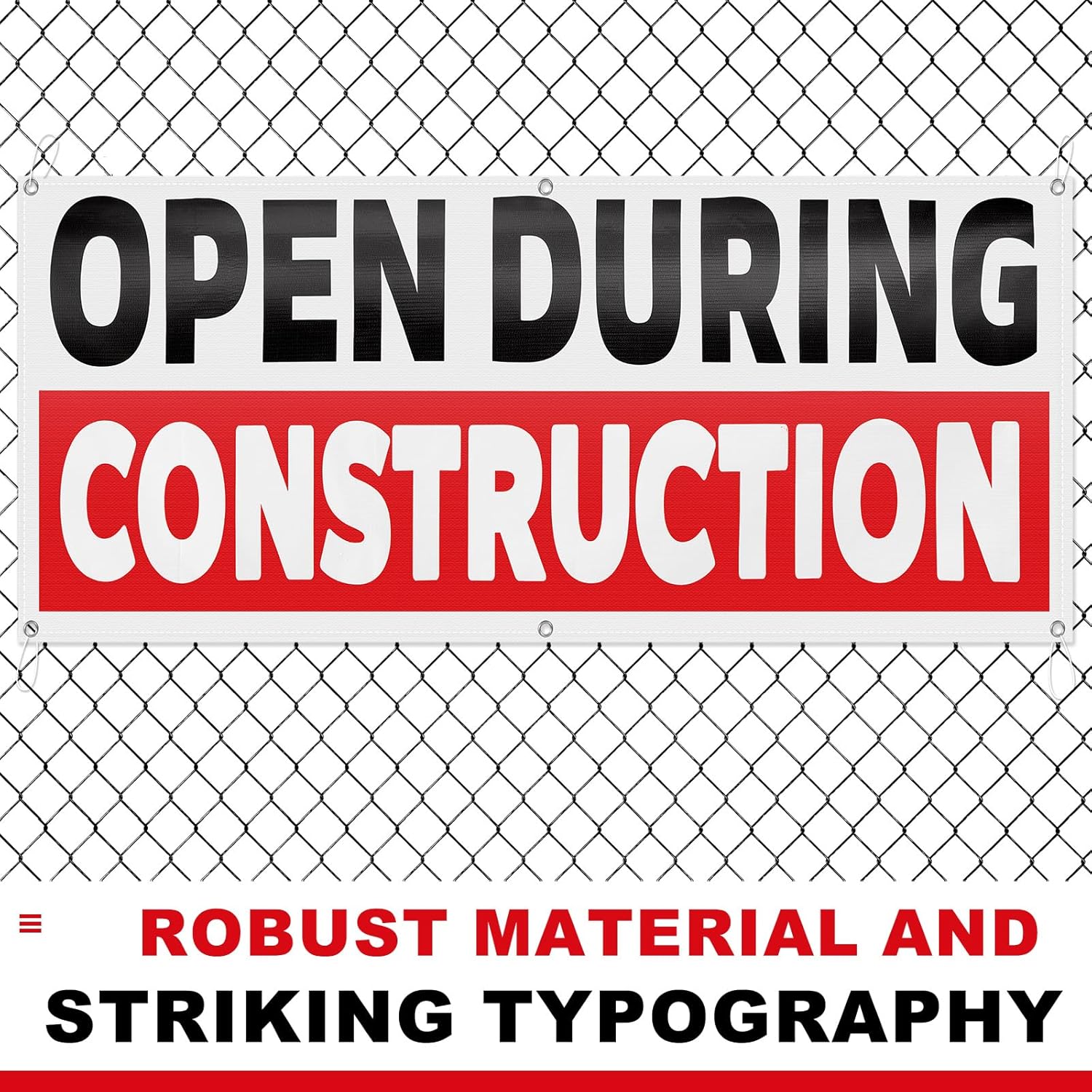 Fanfanwin 2 Pcs 18 x 48 Inch Open During Construction Vinyl Banner Sign for Business Industrial Yard Sign with Metal Grommets Heavy Duty Weatherproof Now Open Banner Shopping Building Outdoor Indoor