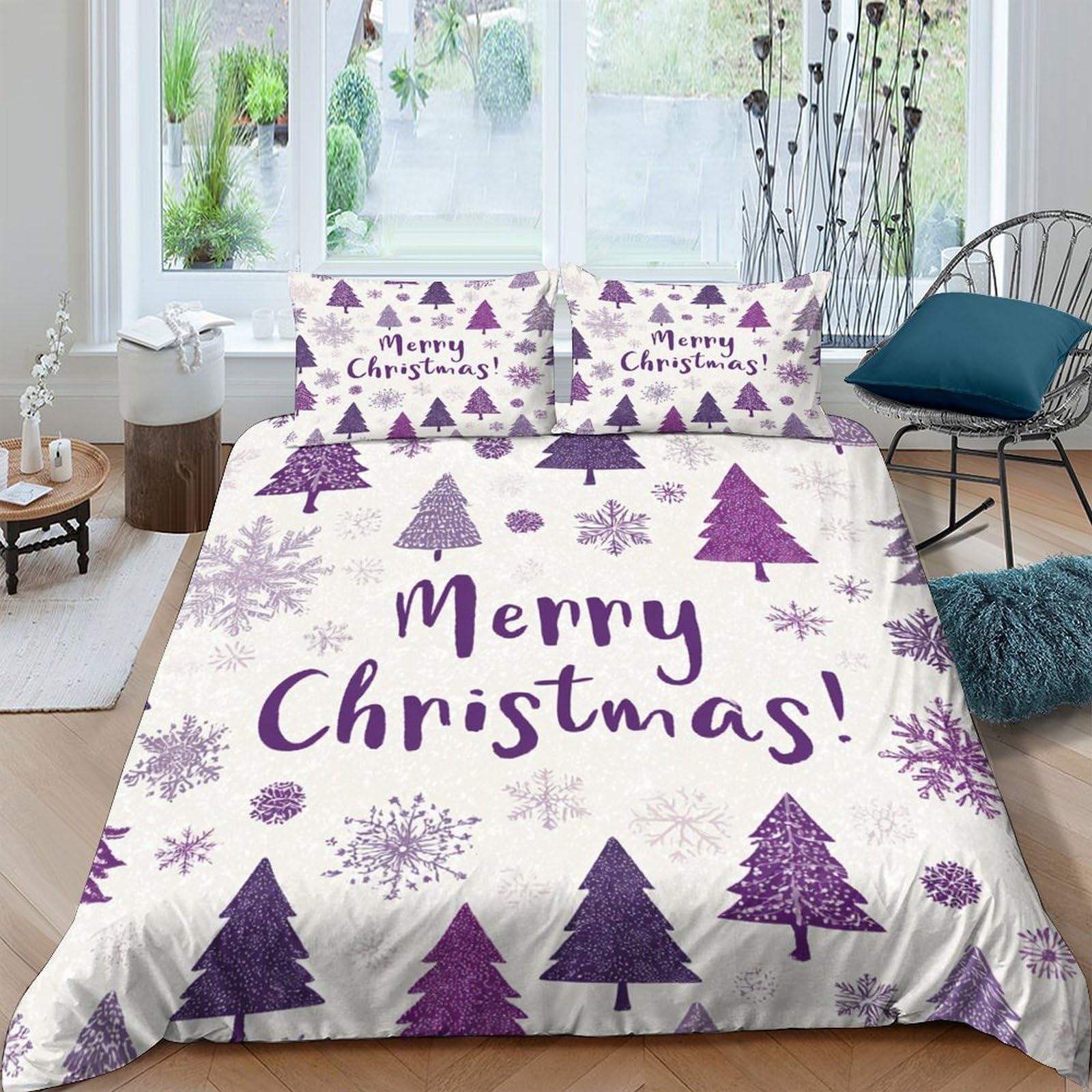 Ctjqhvkz Style-7 3D Printed Purple Christmas Tree Fitted Sheet Microfiber Soft Snowflake Bed Cover For Bedroom Guest Room Decor Single（135X200cm）