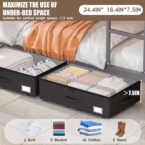 Miniatura 4 de Contenedores de almacenamiento debajo de la cama con ruedas, no requiere montaje, 7.5 pulgadas de altura, color negro, contenedores rodantes de gran