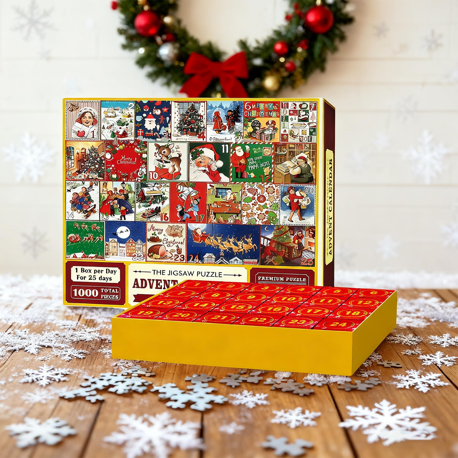Calendario Adviento, Puzzle Navidad 1000 Piezas con 24 Cajas Sorpresa - Juego Interactivo Calendario Adviento Educativo y Divertido para Niños y Niñas Como Regalo Familiar