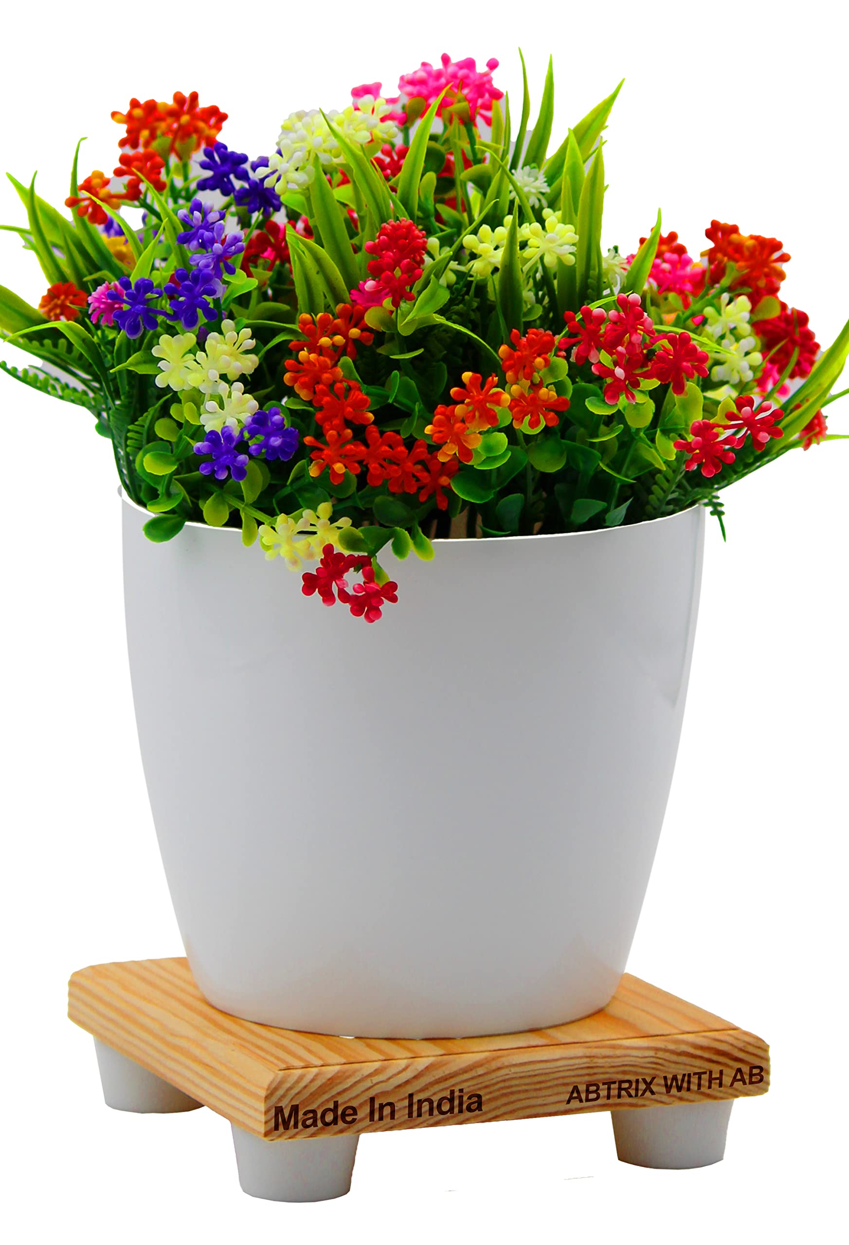 Abtrix With Ab Made In India 5.5 Inch Flower Planter With Solid Wood Stand, Plastic White Pot For Indoor Herb Plant, Round, Modern Decor For Home, Garden, Office, 1 Pieces