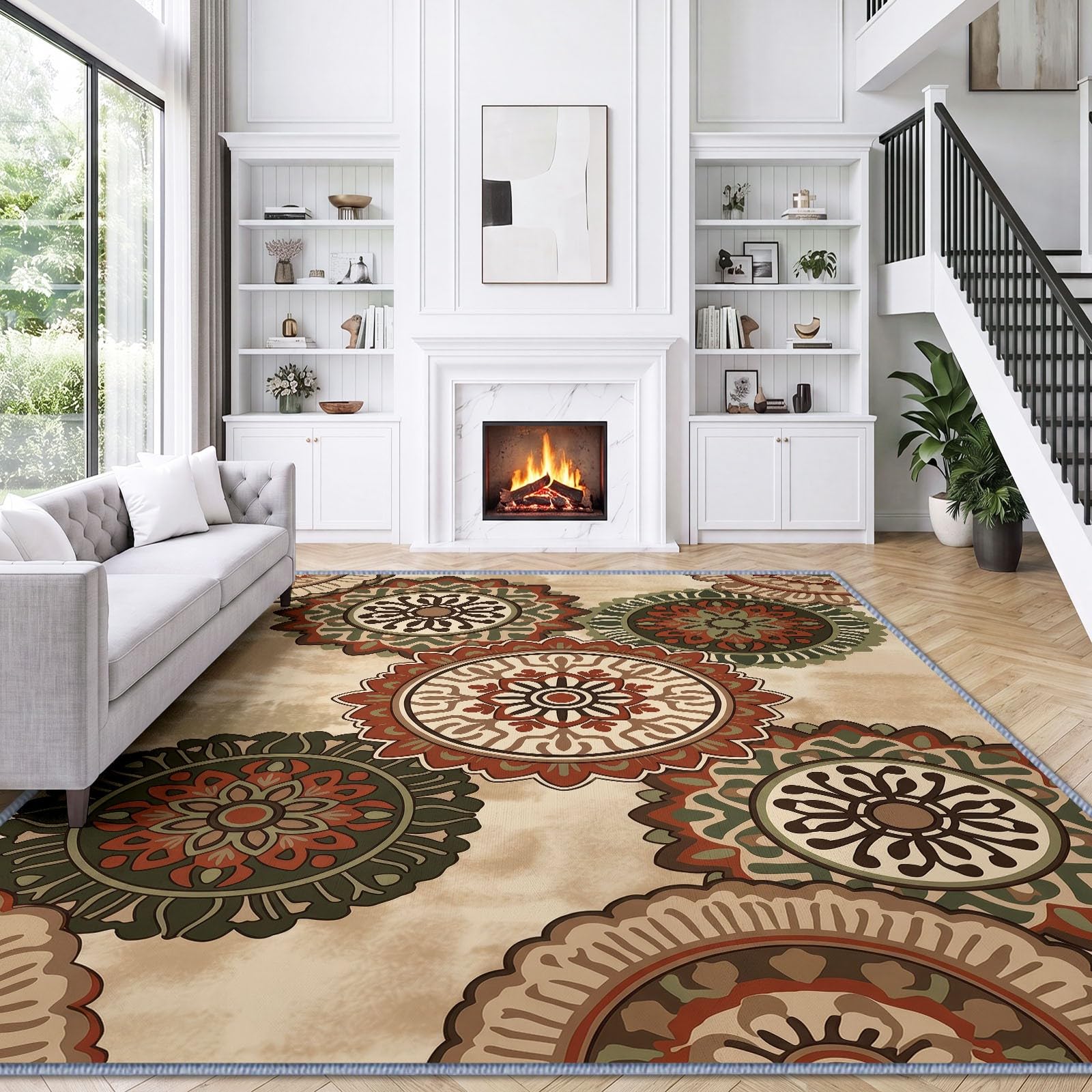 Tappeto geometrico mandala, per soggiorno, 120 x 170 cm, lavabile, decorativo, bohémien, effetto invecchiato, antiscivolo, morbido, a pelo basso, per camera da letto, sala da pranzo, ufficio, stanza