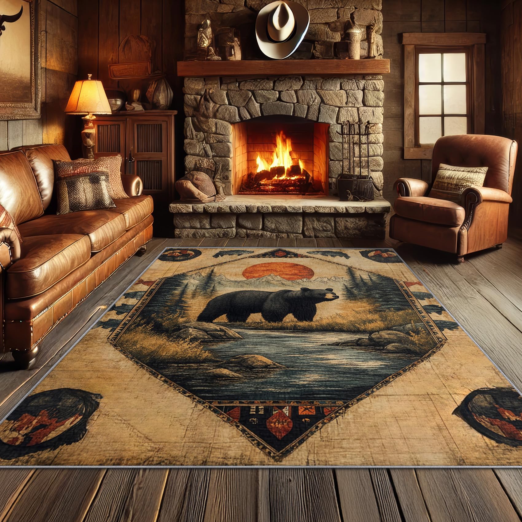 Aquailis Wildlife Rugs for Cabin - 8x10 Rug, Black Bear Rug for Living Room, Rustic Wild Animal Washable Rugs for Bedroom, Lodge Animal Area Rug,
