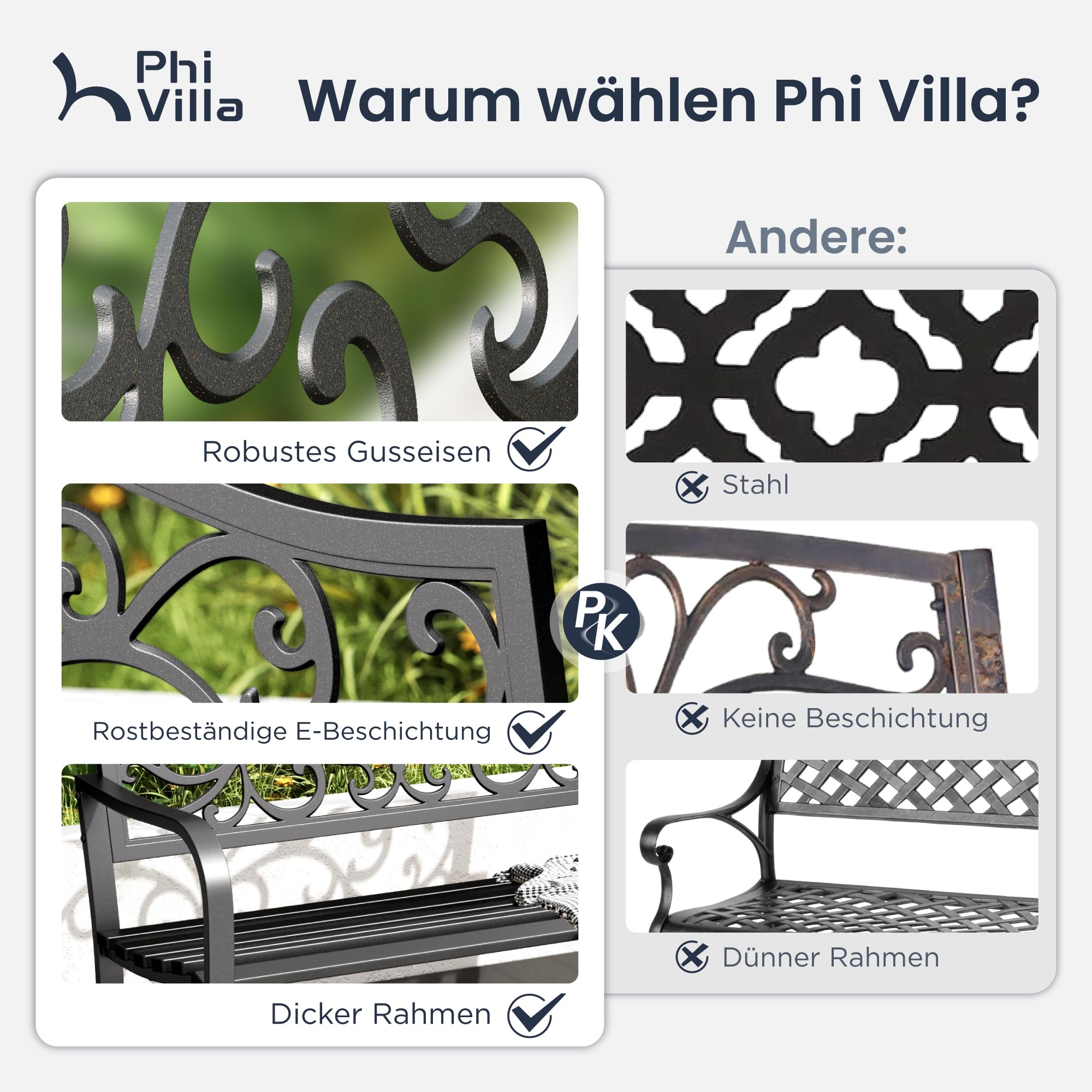 PHI VILLA 111 cm Gartenbank Floralem Metall Rückenlehne aus Gusseisen Stahlrahmen 2-3 Sitzer Bank Outdoor Wetterfest für Park, Vorgarten und Terrasse Schwarz