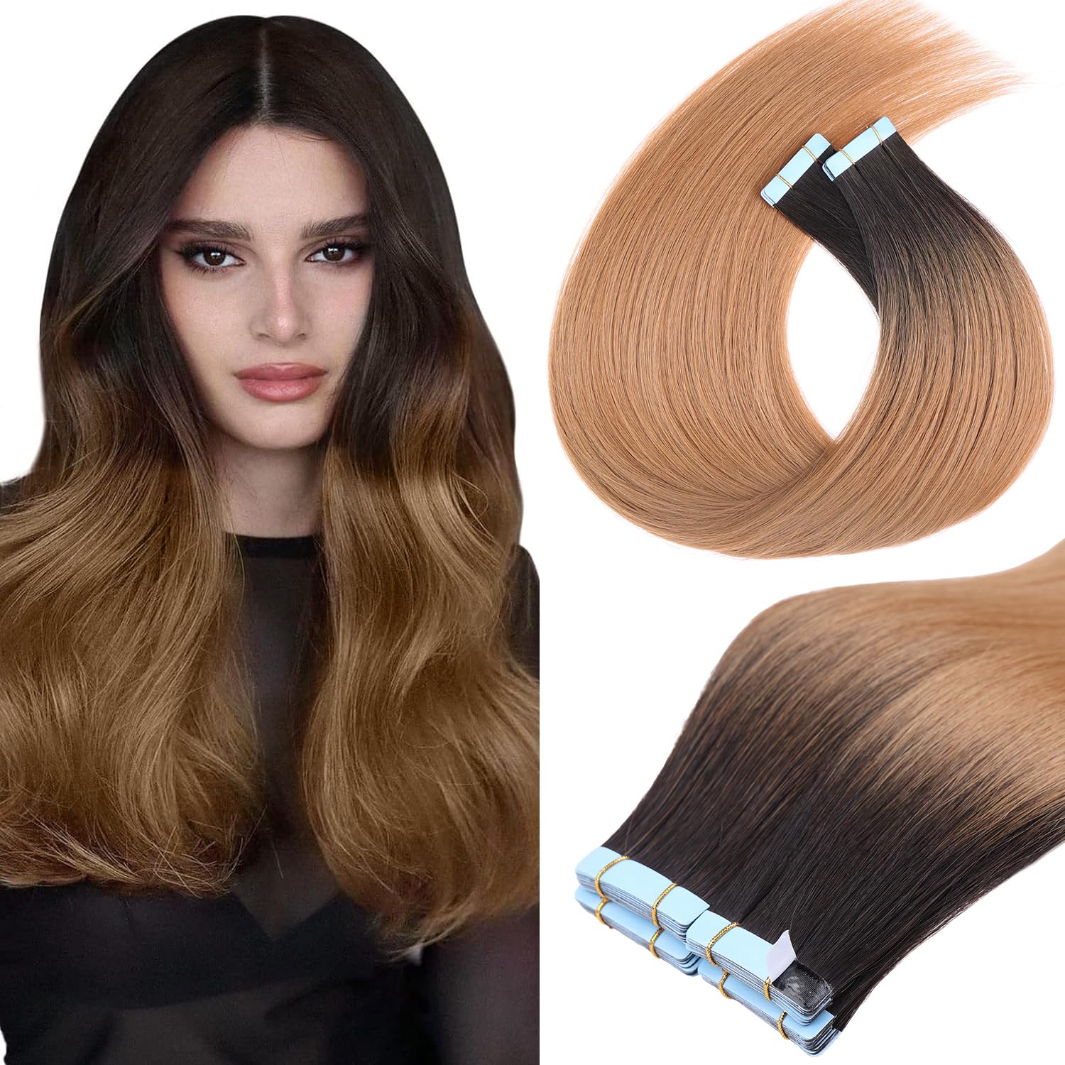 Mscat Tape in Hair Extensions 22 Inch 20Pcs 50g/pack Ombre Brown Invisible Straight Hair Extensions Tape in(22Inch #RS827 Ombre Brown)