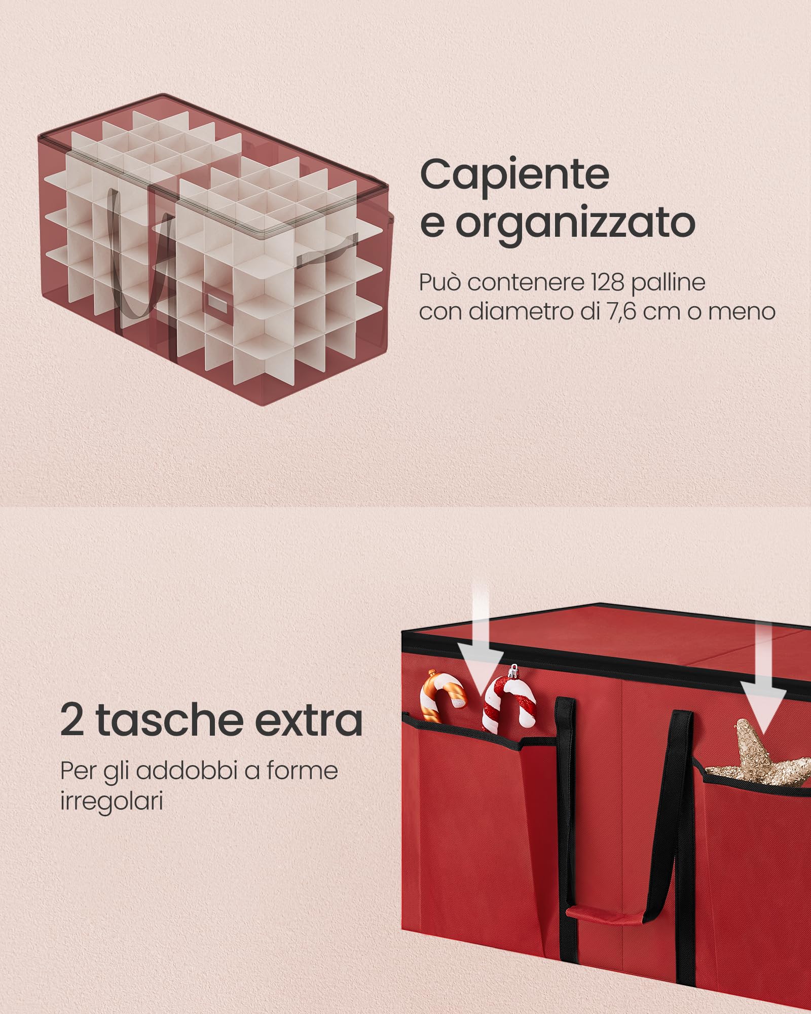 SONGMICS Contenitore per Palline di Natale, 128 Scomparti da 7,6 cm, Scatola Impilabile Decorazioni Natalizie con Coperchio, Doppia Cerniera Lampo, Divisori Regolabili, Rosso Ciliegia RFB039R01