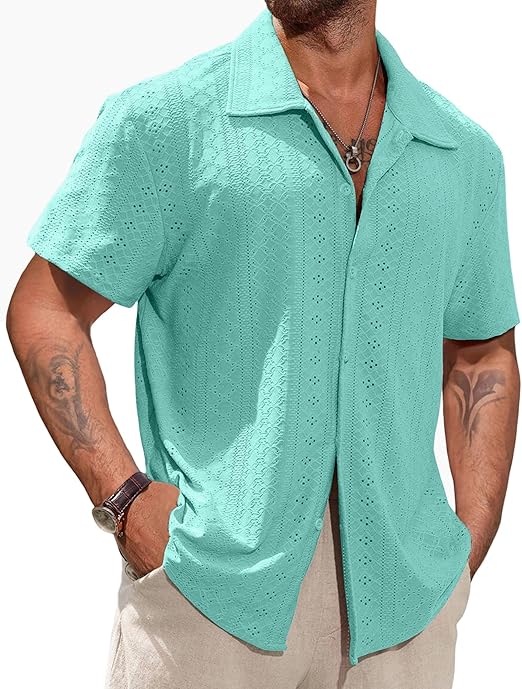 Vssjavun Mens Short Sleeve Button Down Shirts Casual Hollow Out Summer Beach Shirt