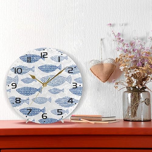 Miniatura 6 de Reloj de pared redondo con diseño de pez azul, diseño de dibujos animados, decorativo y creativo, de doble propósito, funciona con pilas, para el