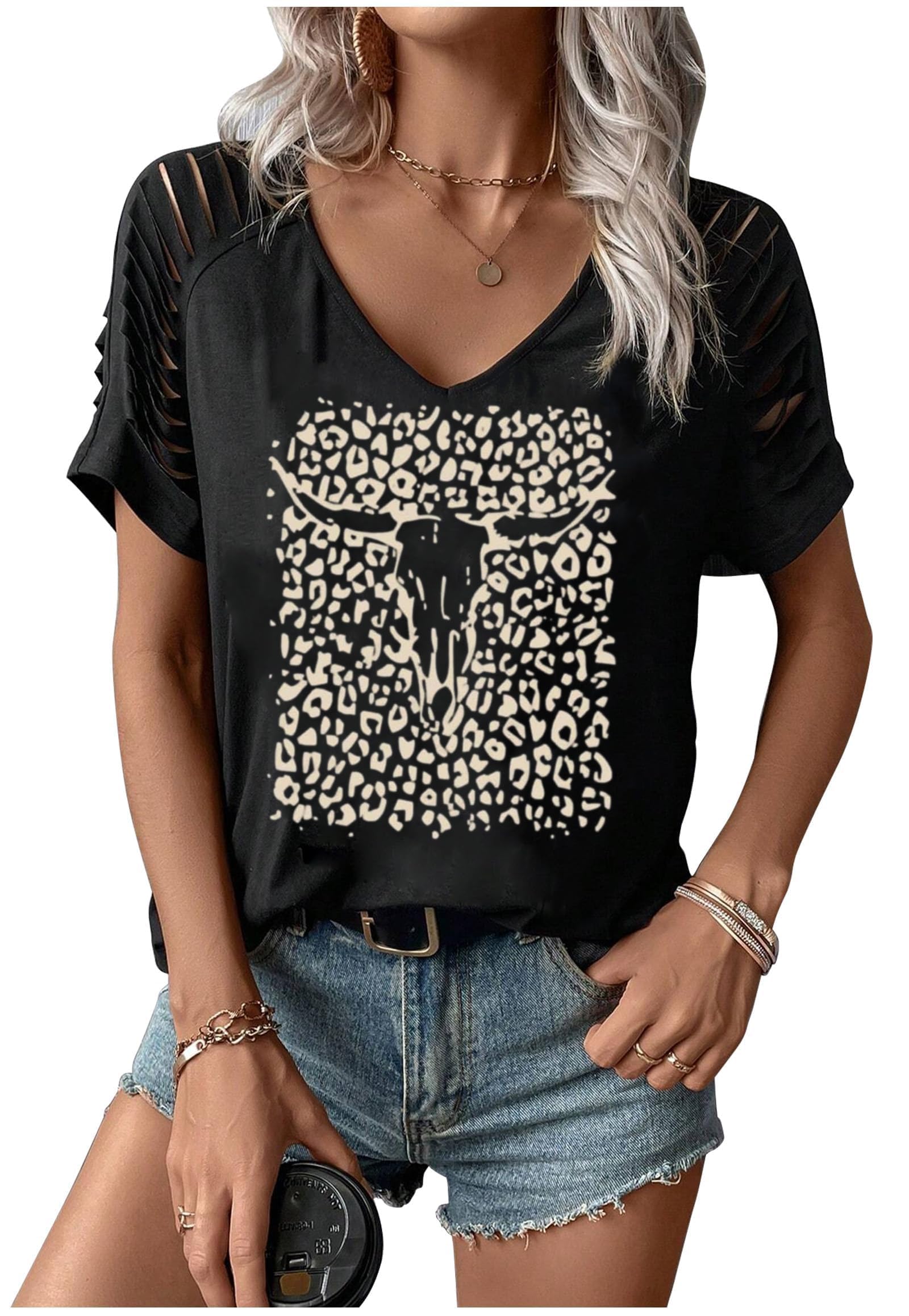 Rock Band T-Shirt for Women V-Neck Country Music Short Sleeved Shirt Retro Nashville Guitar Graphic Hollowed Tee Tops