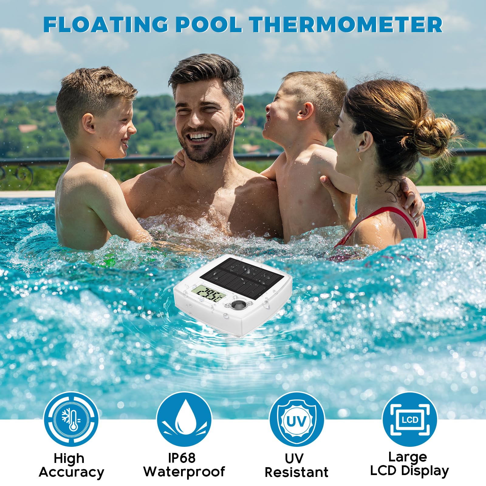 Termómetro Piscina Flotante Solar, iluminación de piscina con 8 modos LED, Termómetro digital fácil Lectura, Luz Solar Piscina IP68 impermeable, para estanque de jardín, Spa, bañeras, Acuarios
