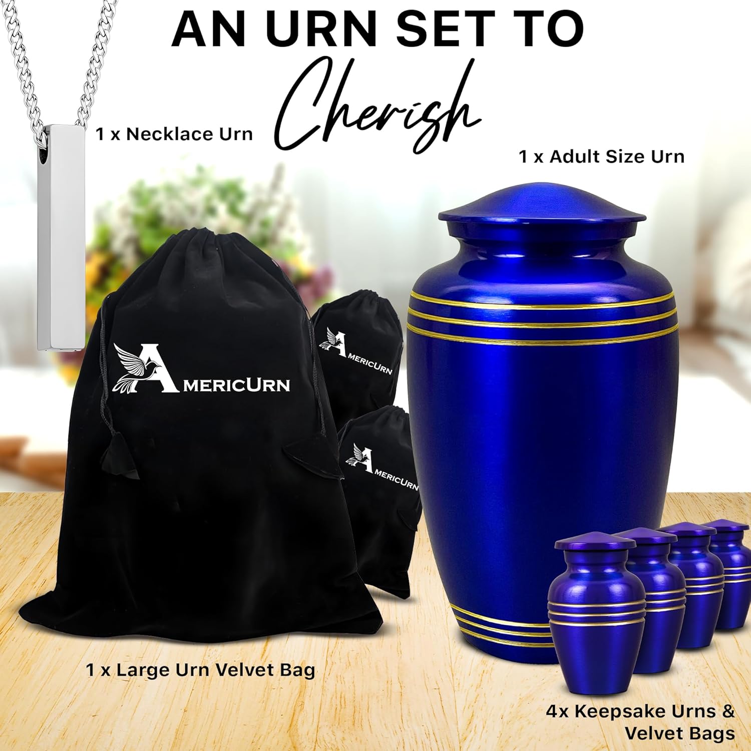 Set of 6 Royal Blue Decorative Funeral Urns for Ashes Adult Male & Female Includes 1 Large Urn with 4 Small Keepsakes & 1 Memorial Necklace