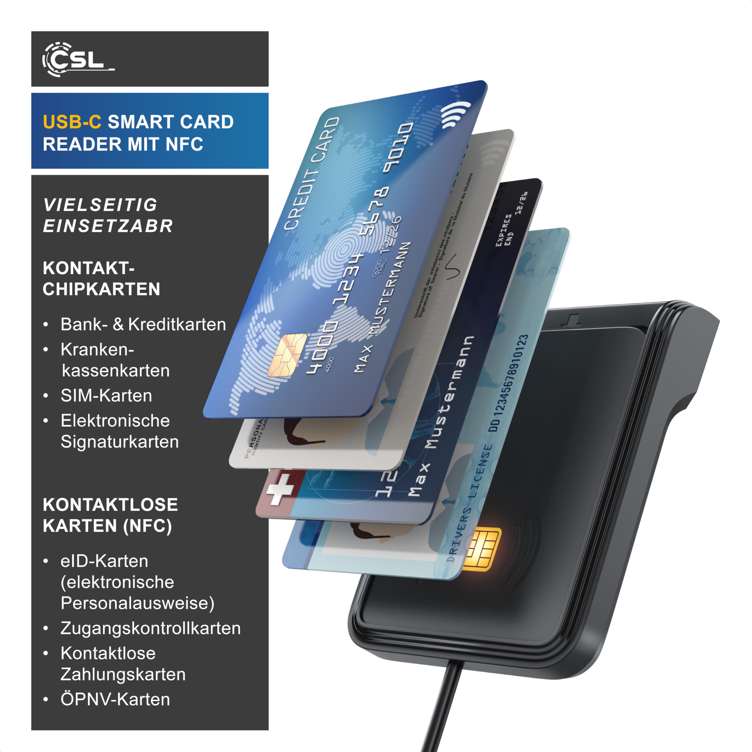 CSL - USB C Chipkartenleser mit NFC - SmartCard Reader - SIM Kartenlesegerät - ISO 7816 – ISO 14443 - Windows 7-11 - für den neuen Personalausweis Krankenkassenkarten Bankkarten - kein EPA