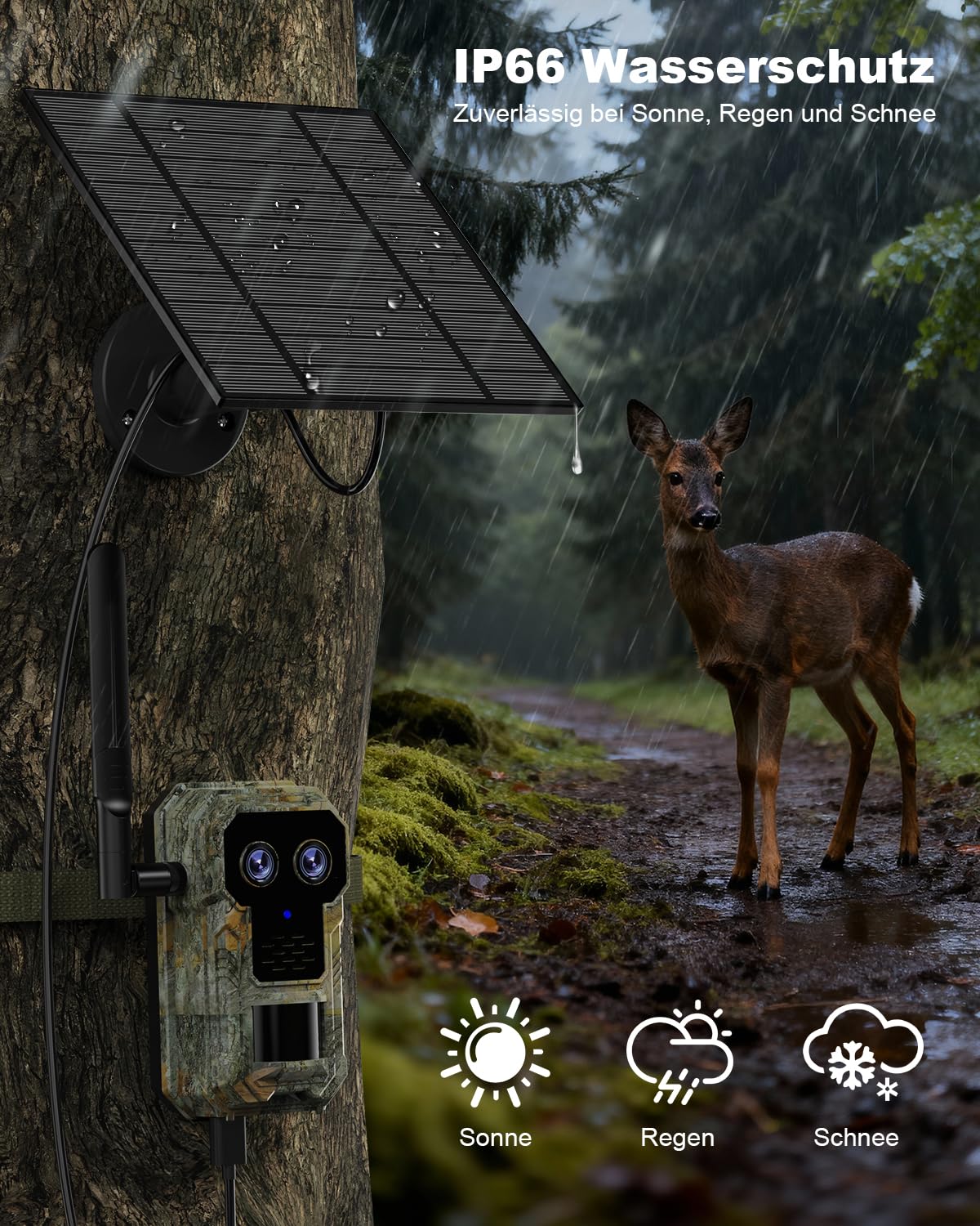 4G LTE Wildkamera mit Handyübertragung App 2.5K Solar Wildtierkamera mit eSIM Karte, Nachtsicht, Bewegungsmelder, Weitwinkel- und Teleobjektive, 7800mAh Akku, IP66 Wasserdicht