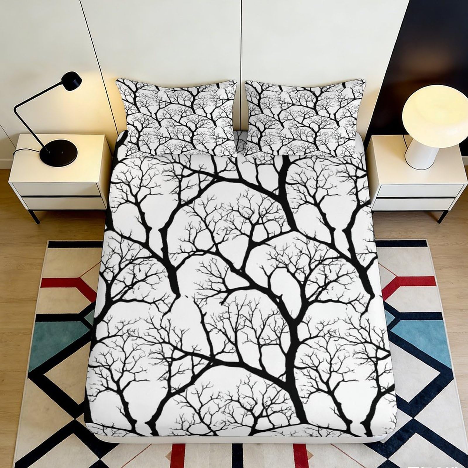 3D Printed Black Tree Branches Fitted Sheet Microfiber Soft Breathable White Bed Cover for Bedroom Dormitory Guest Room Mattress Protection Decor 90x200x25cm