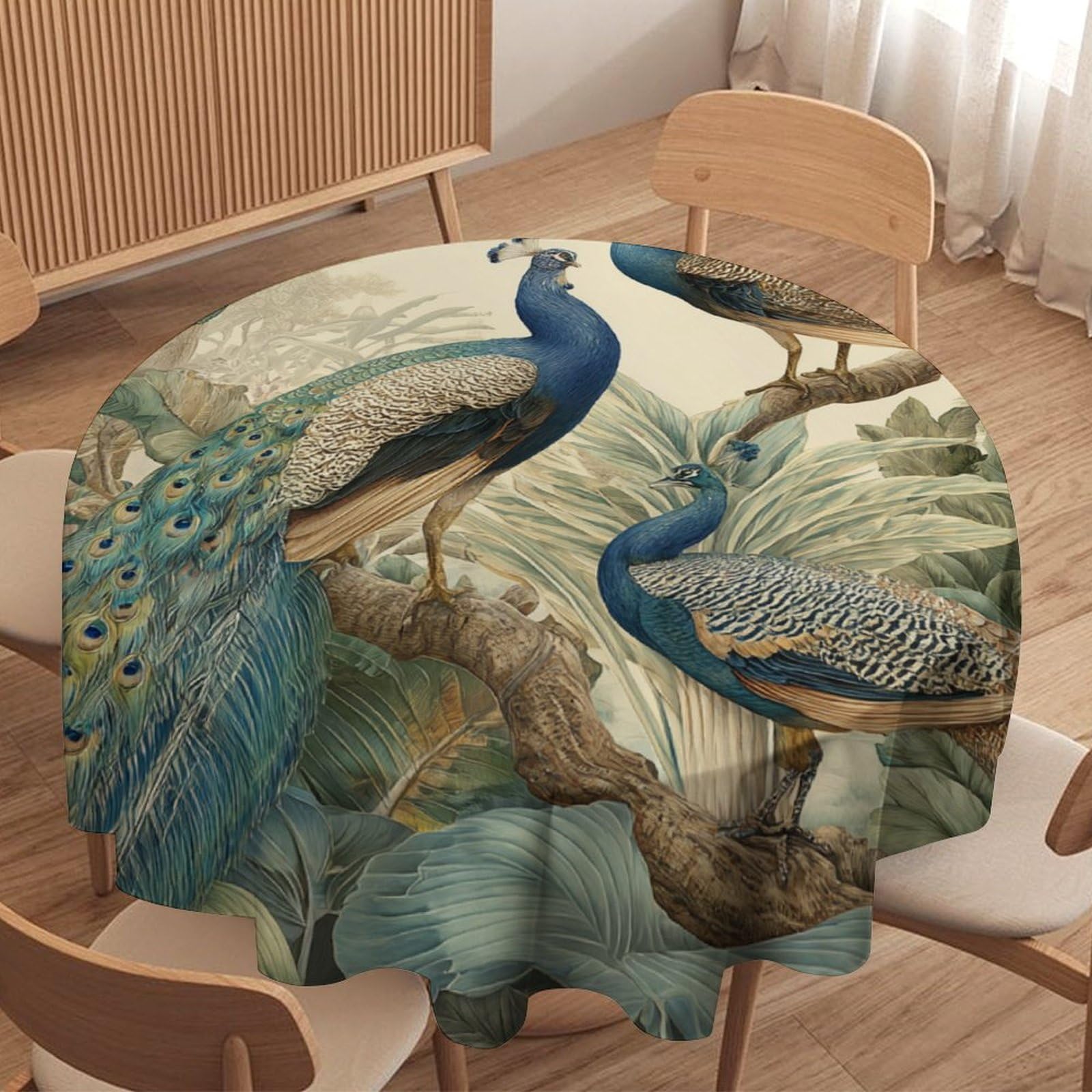 LUYYSKY Beautiful Watercolor Birds Peacocks Round Tablecloth Vintage Elegant Botanical Branch Animals Peacocks Pattern Washable Decor for Table Cover for Kitchen-177.8" Wx177.8 L cm
