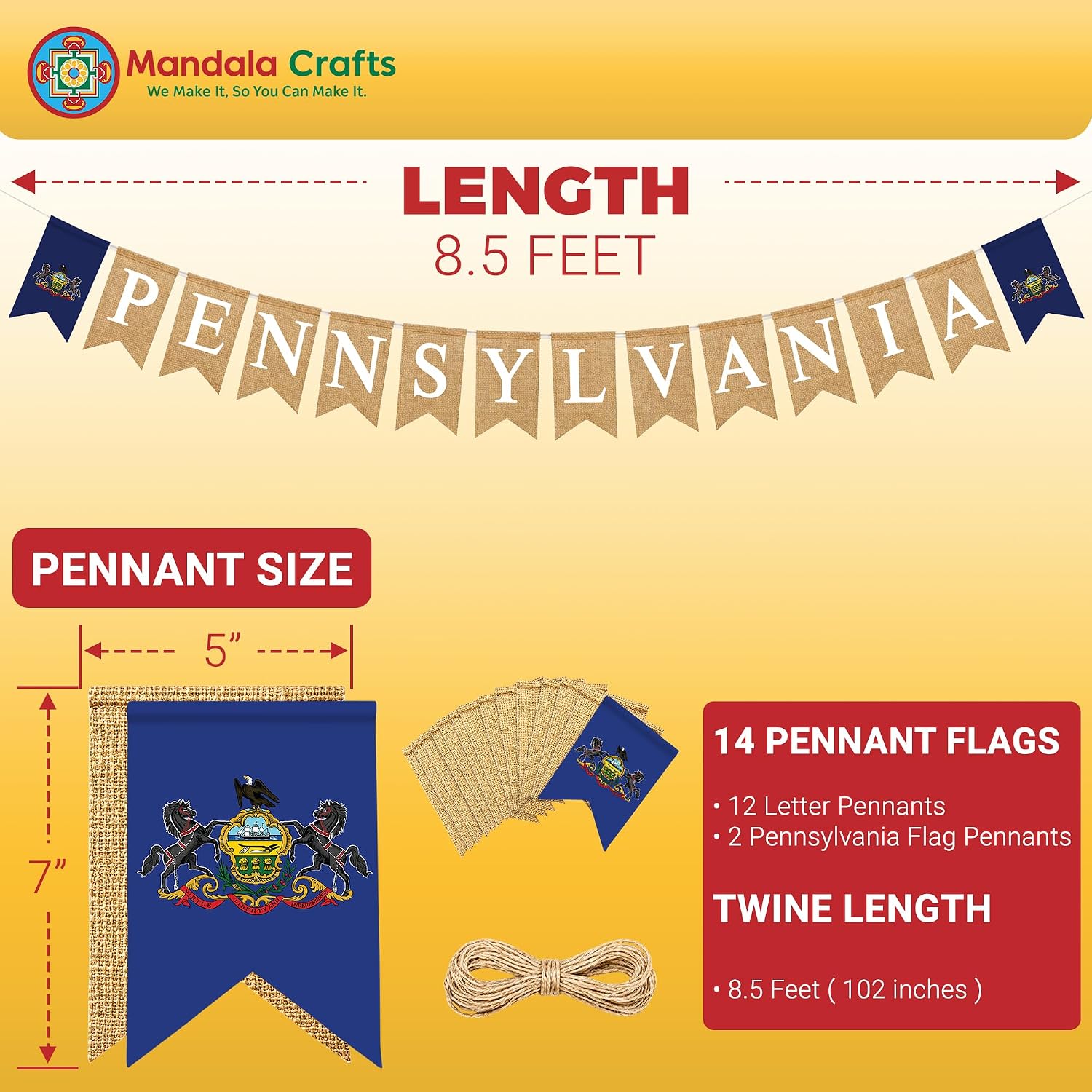 Mandala Crafts Burlap Pennsylvania Banner Garland Keystone State Sign image 2